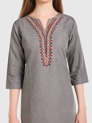 Grey Denim Neck  Embroidered  Kurti