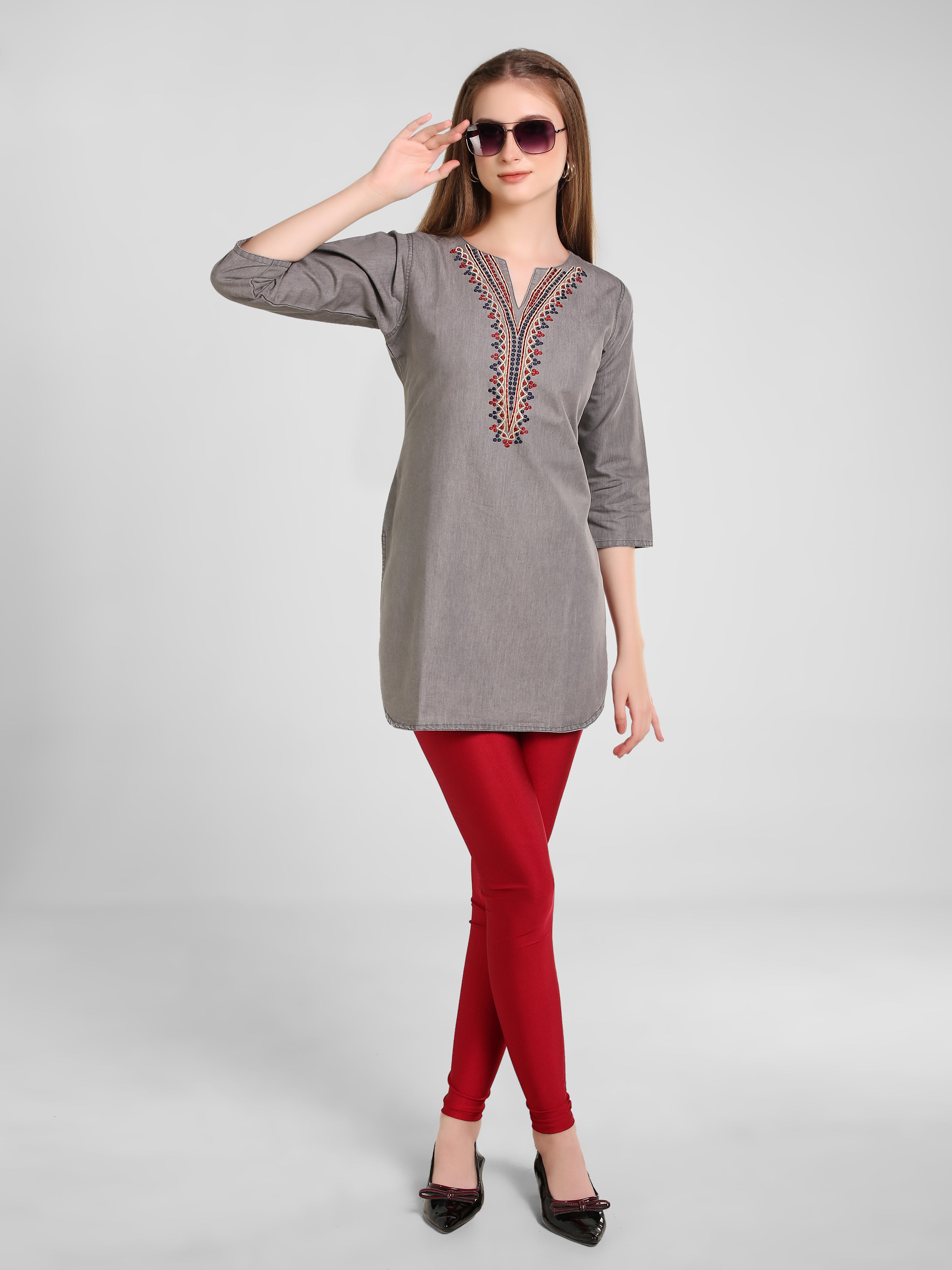 Grey Denim Neck  Embroidered  Kurti