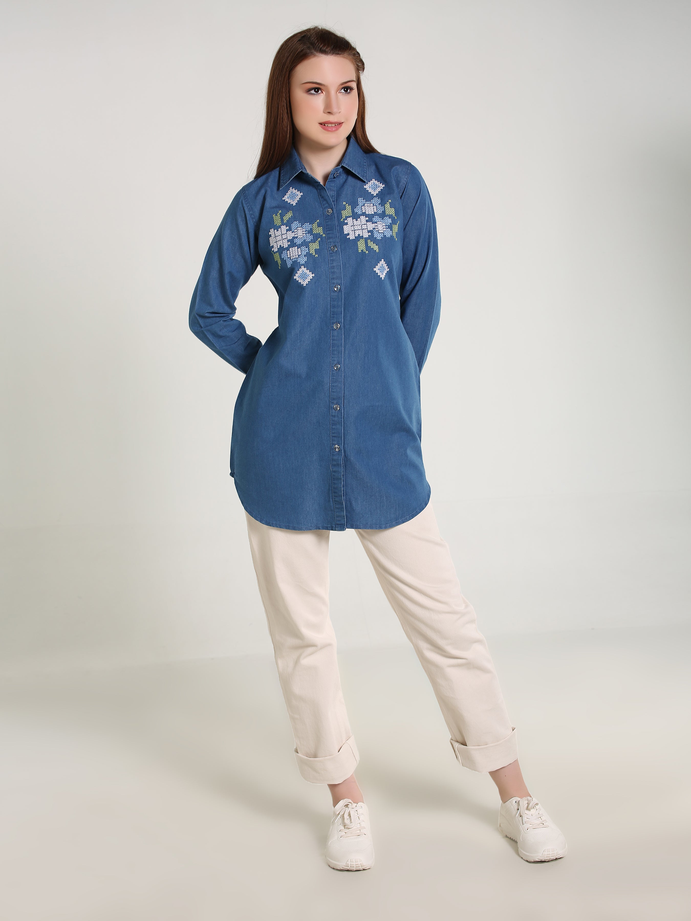 Denim Cross Stch Embroidered Shirt
