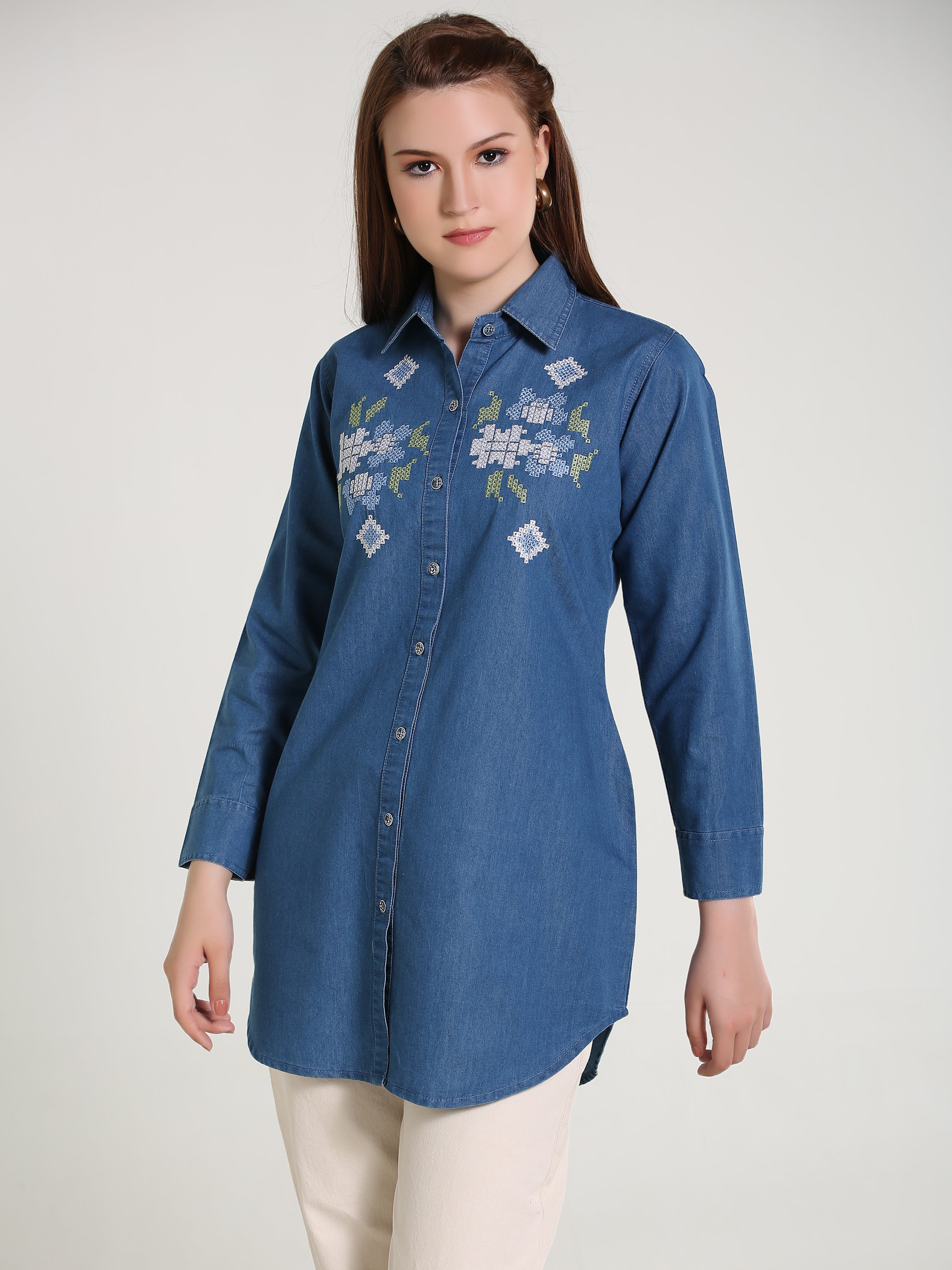 Denim Cross Stch Embroidered Shirt