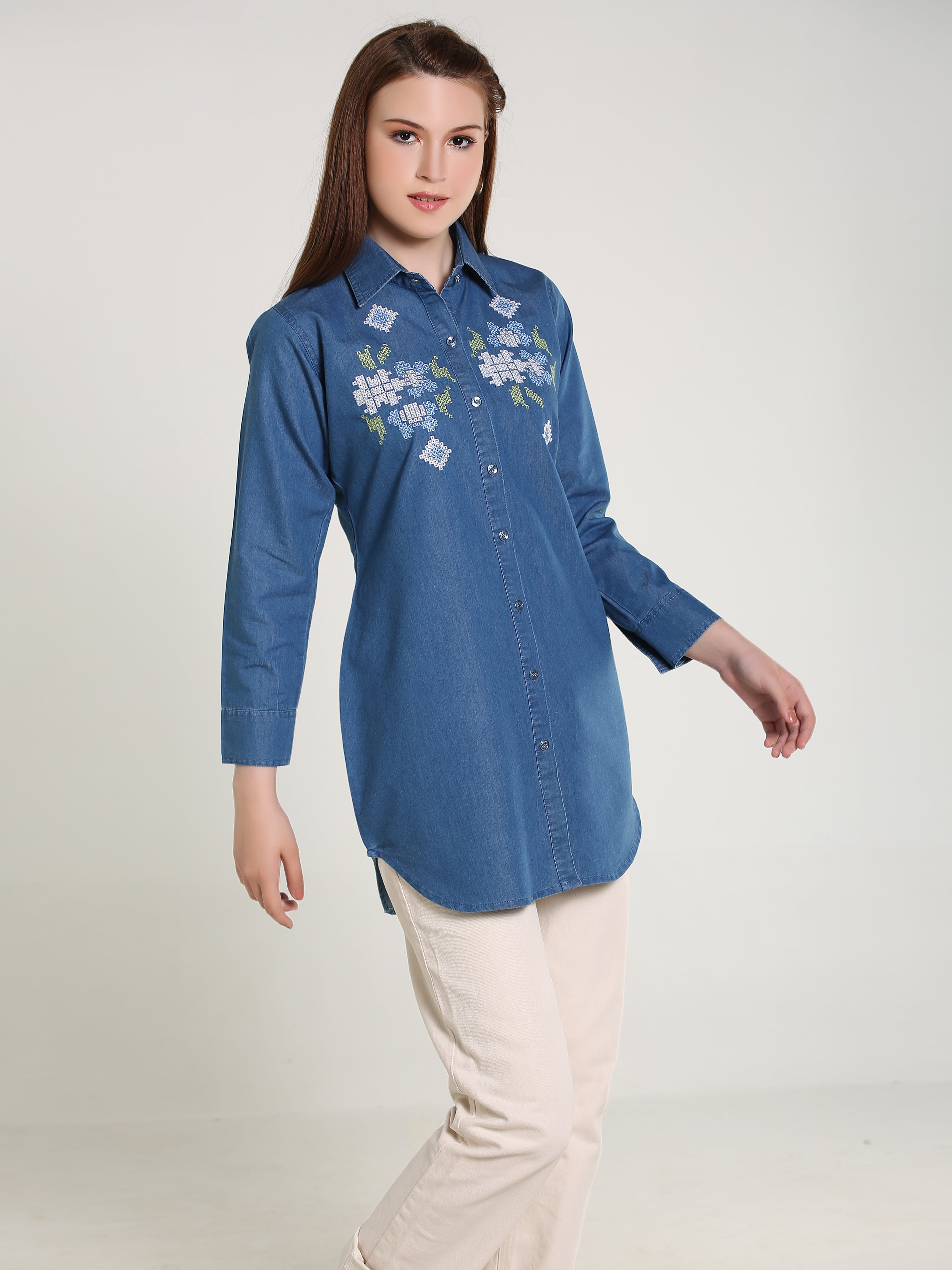 Denim Cross Stch Embroidered Shirt