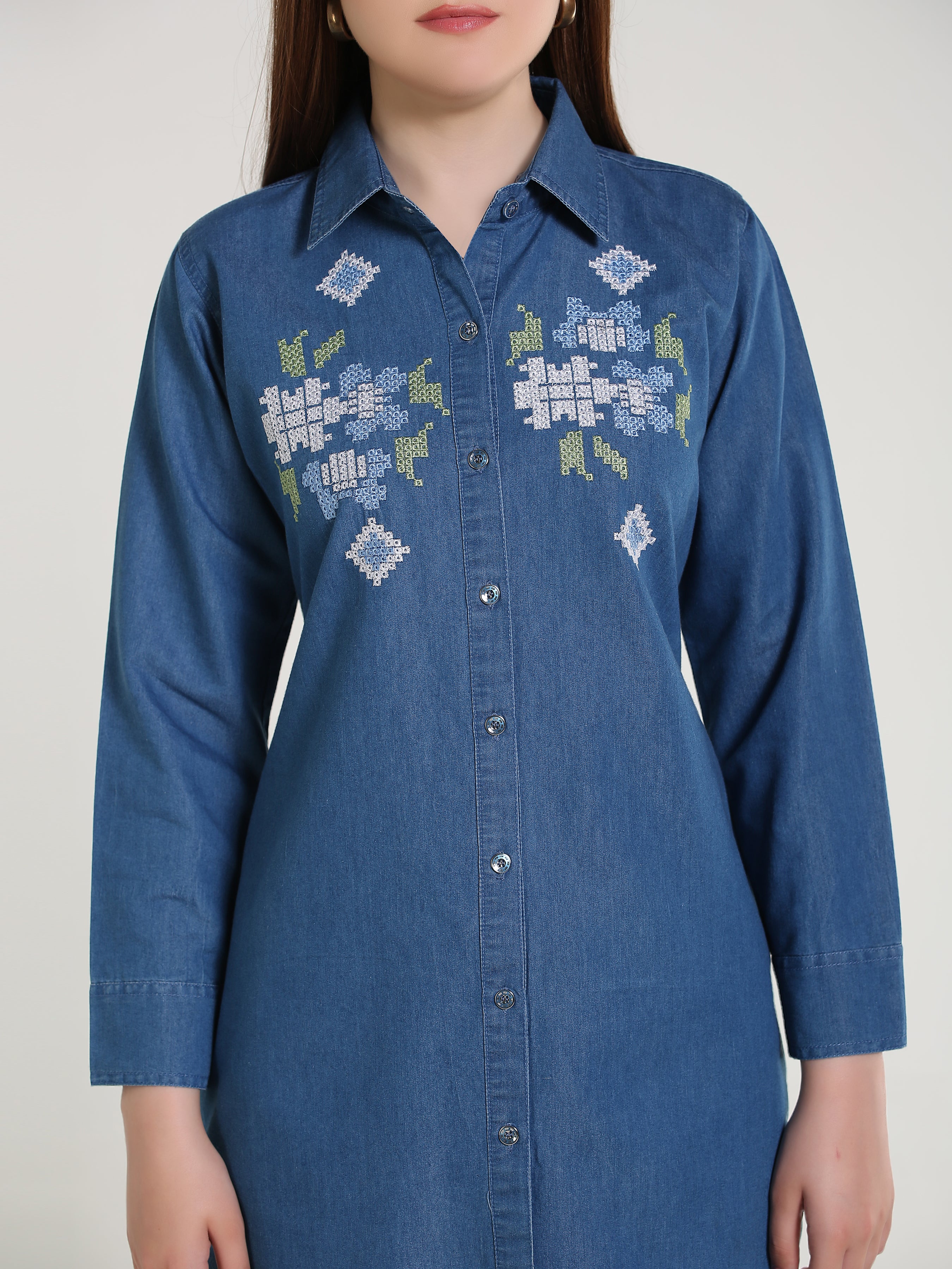 Denim Cross Stch Embroidered Shirt
