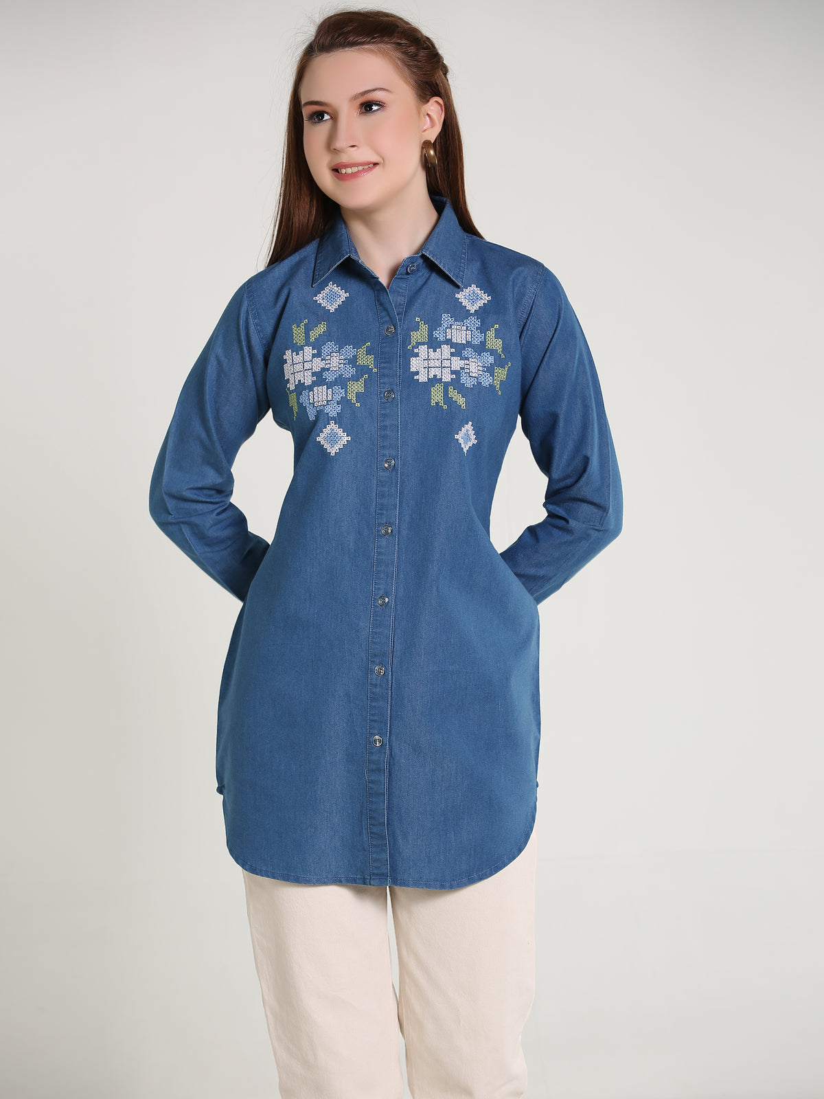 Denim Cross Stch Embroidered Shirt