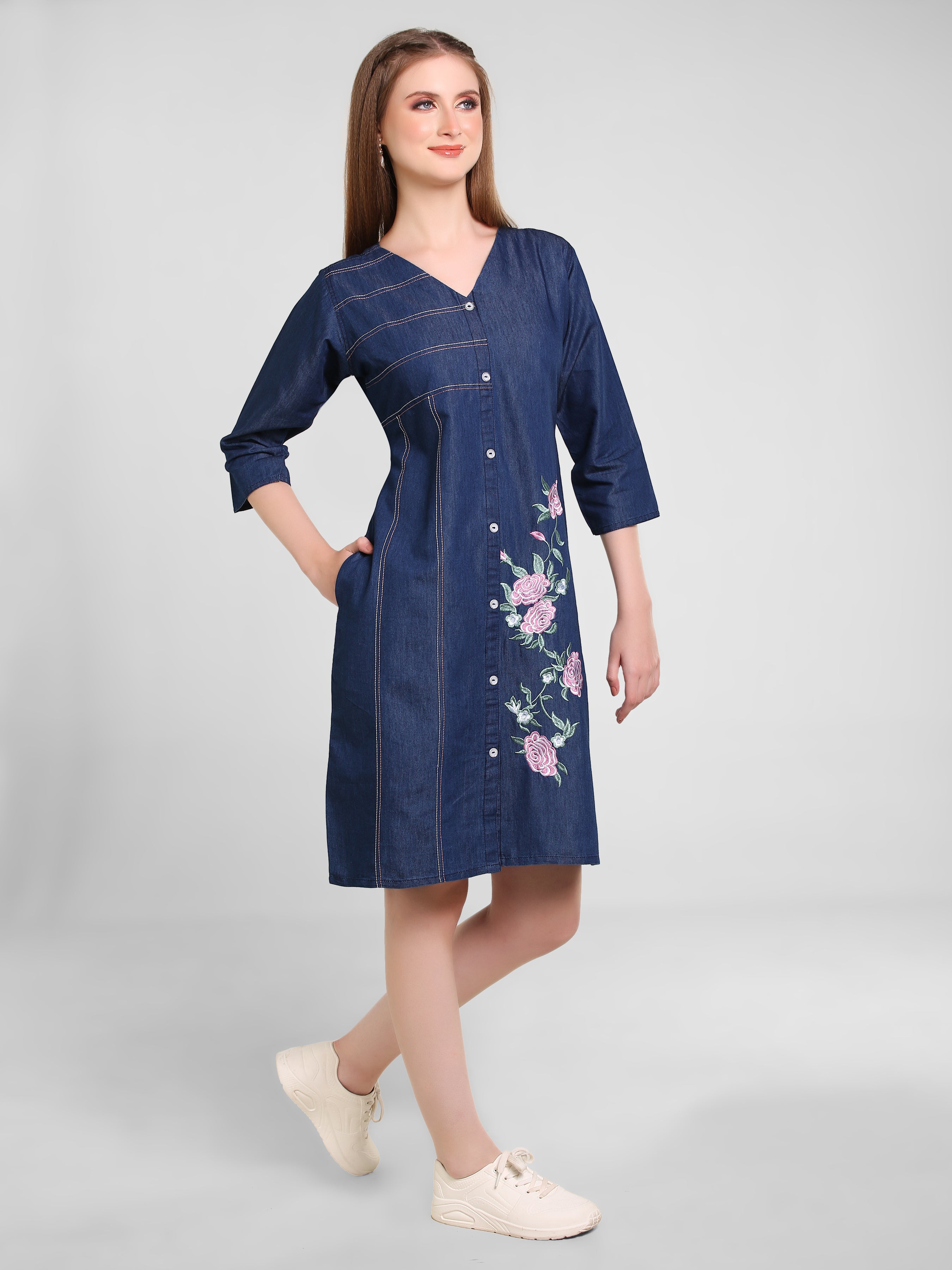 Denim Floral Embroidered DMC Stitched One-Piece Dress