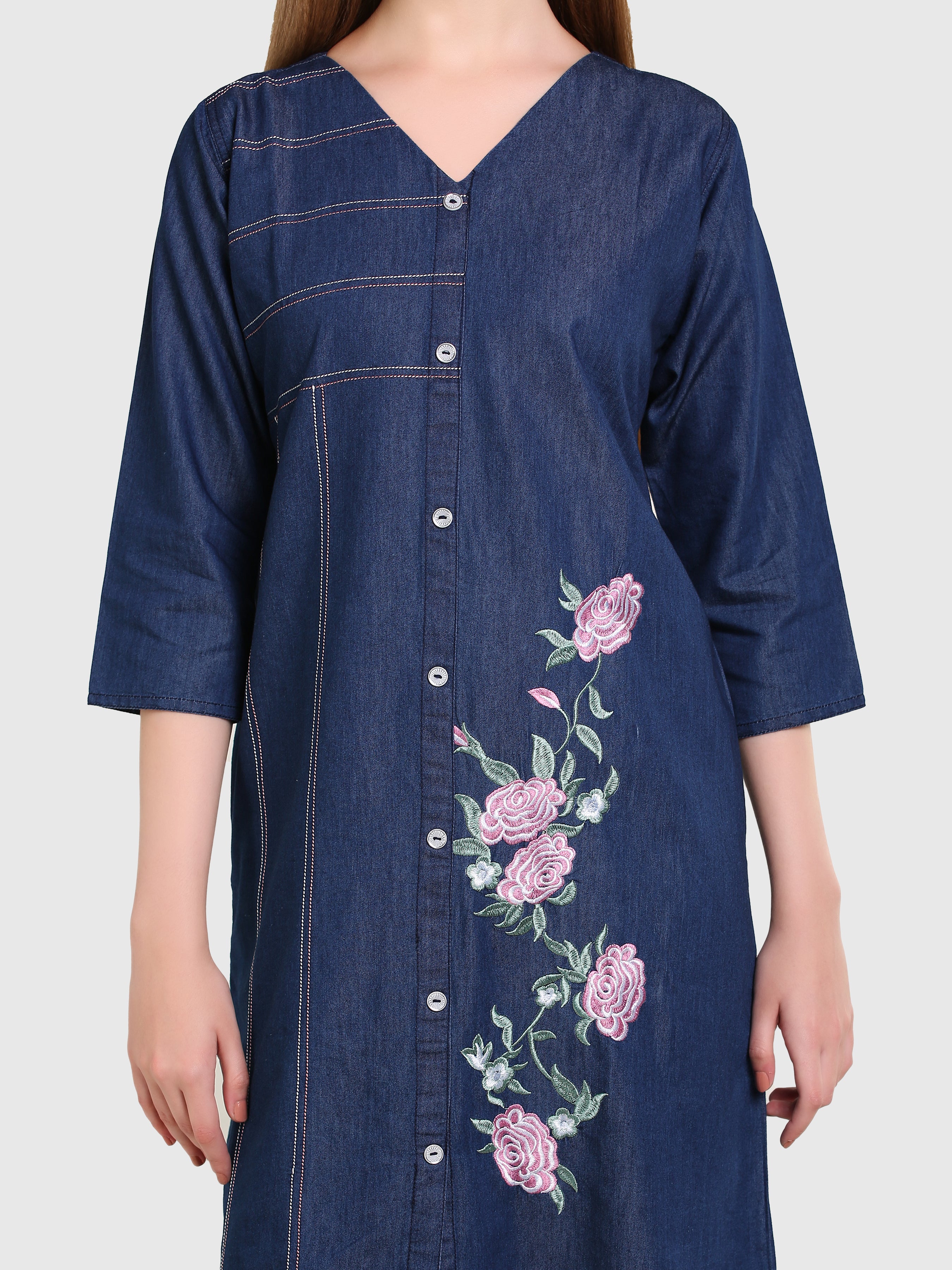 Denim Floral Embroidered DMC Stitched One-Piece Dress