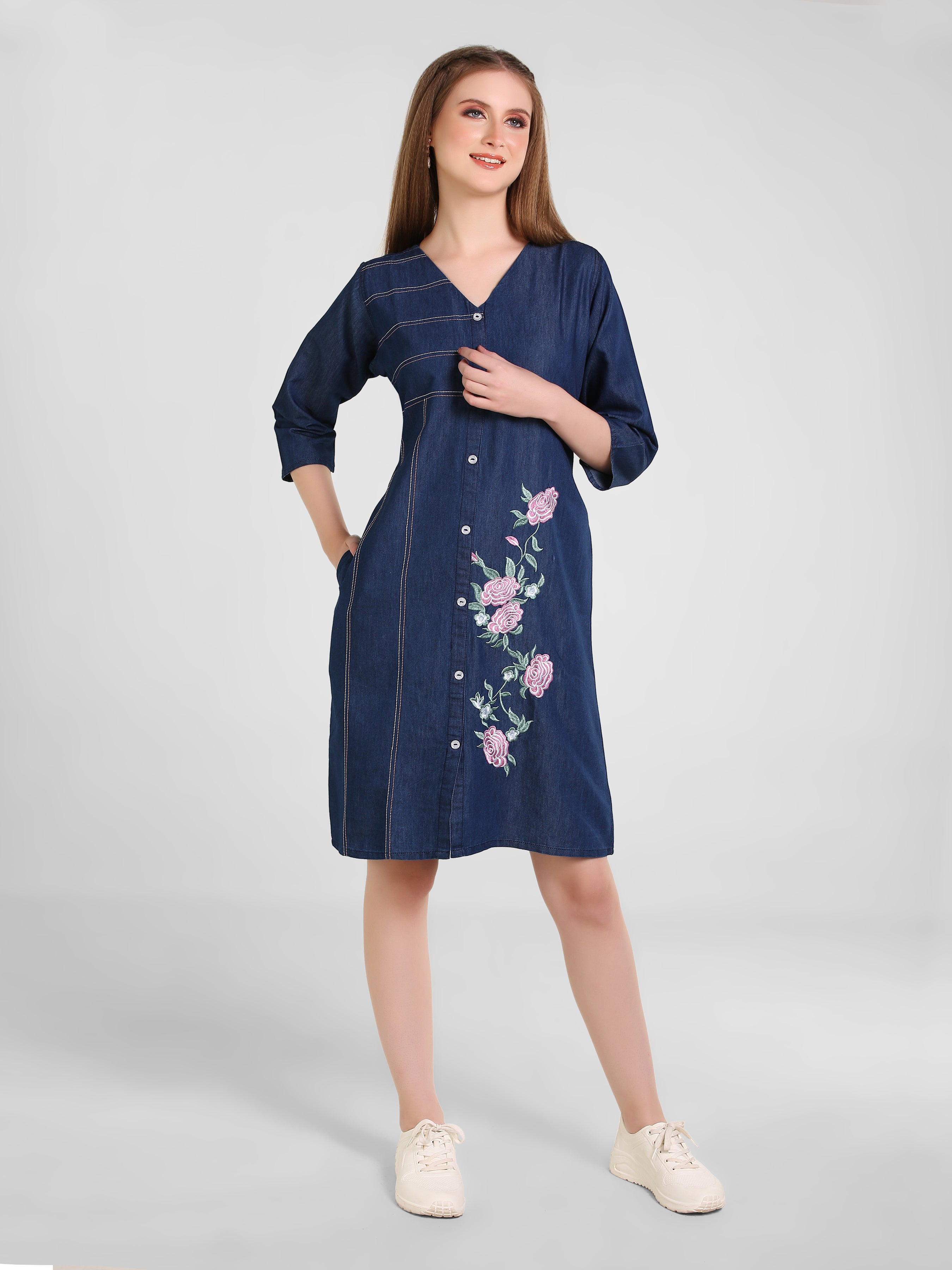 Denim Floral Embroidered DMC Stitched One-Piece Dress