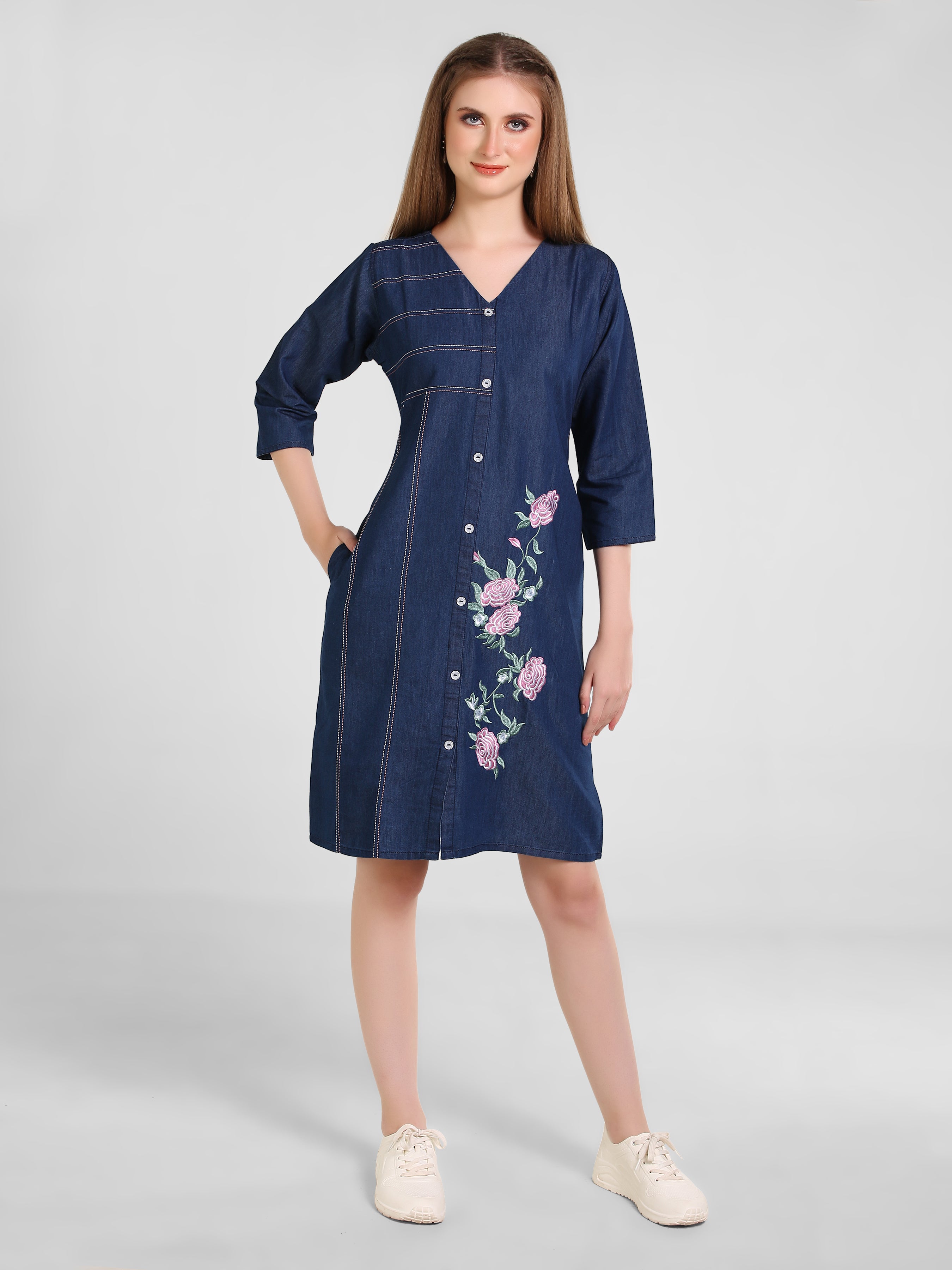Denim Floral Embroidered DMC Stitched One-Piece Dress