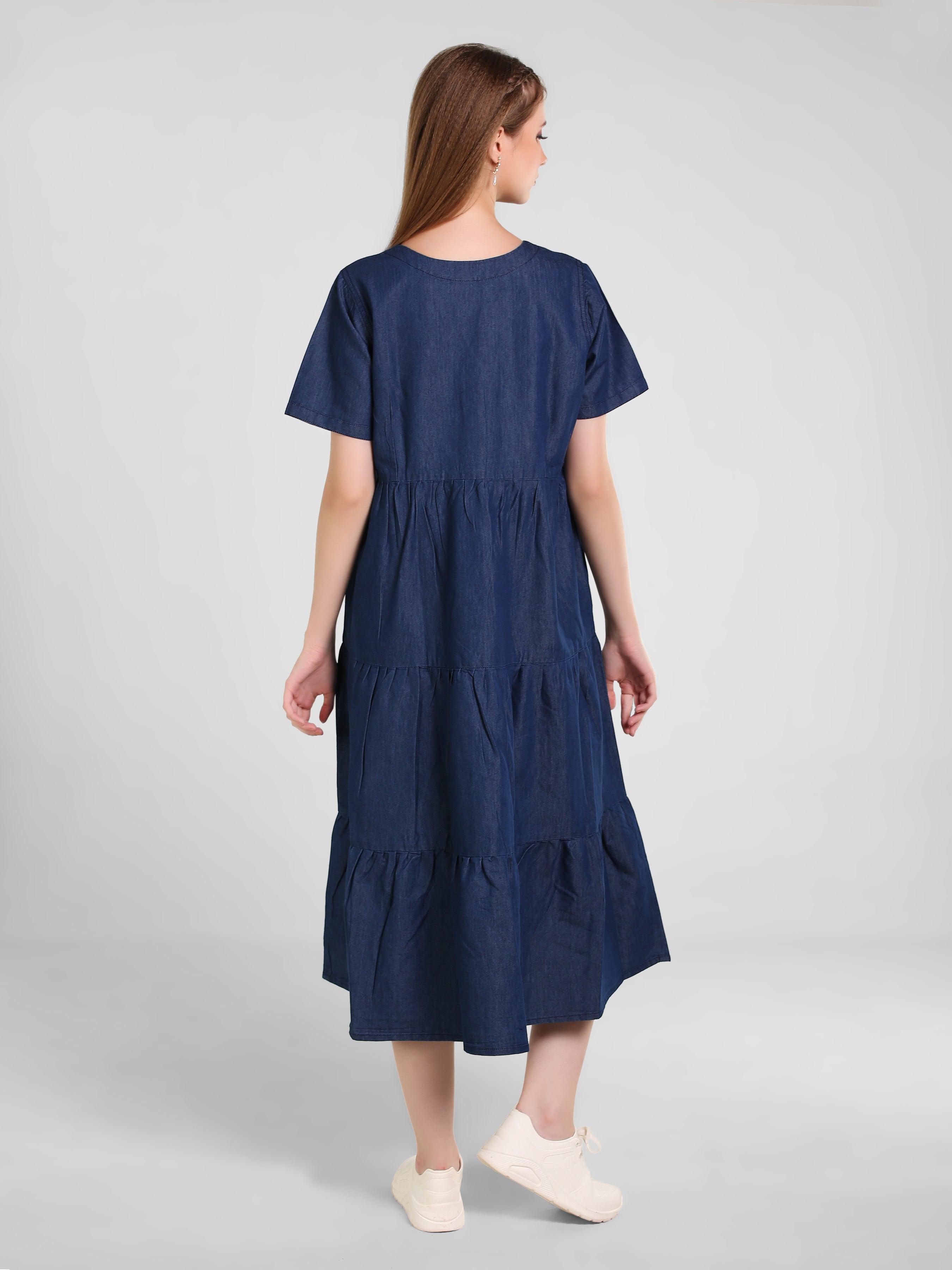 Denim Solid 3 Tier Flair Pintuck Dress