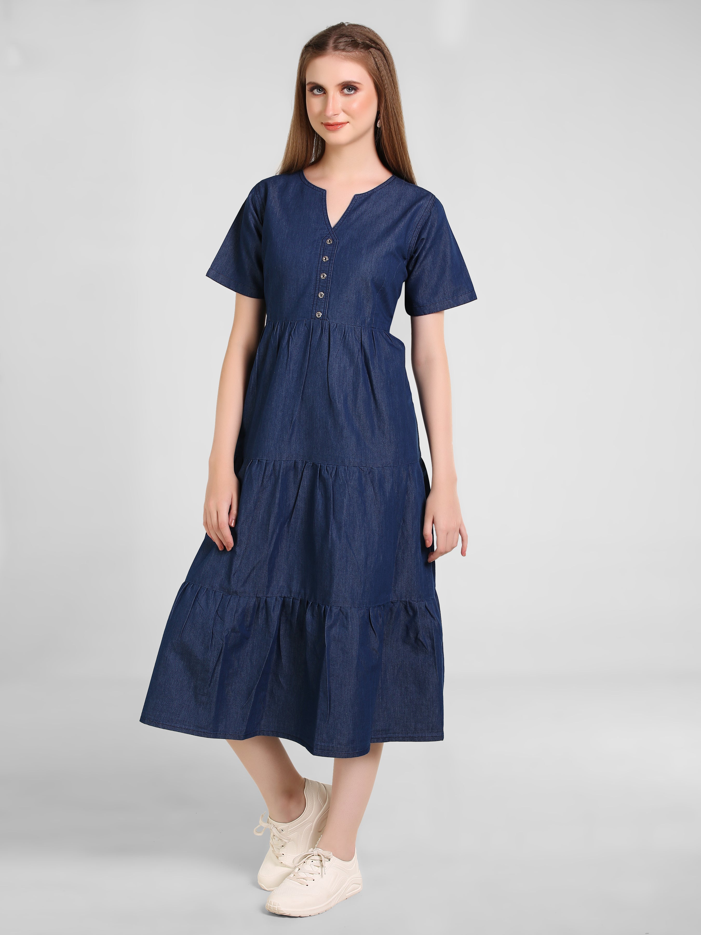 Denim Solid 3 Tier Flair Pintuck Dress