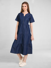 Denim Solid 3 Tier Flair Pintuck Dress
