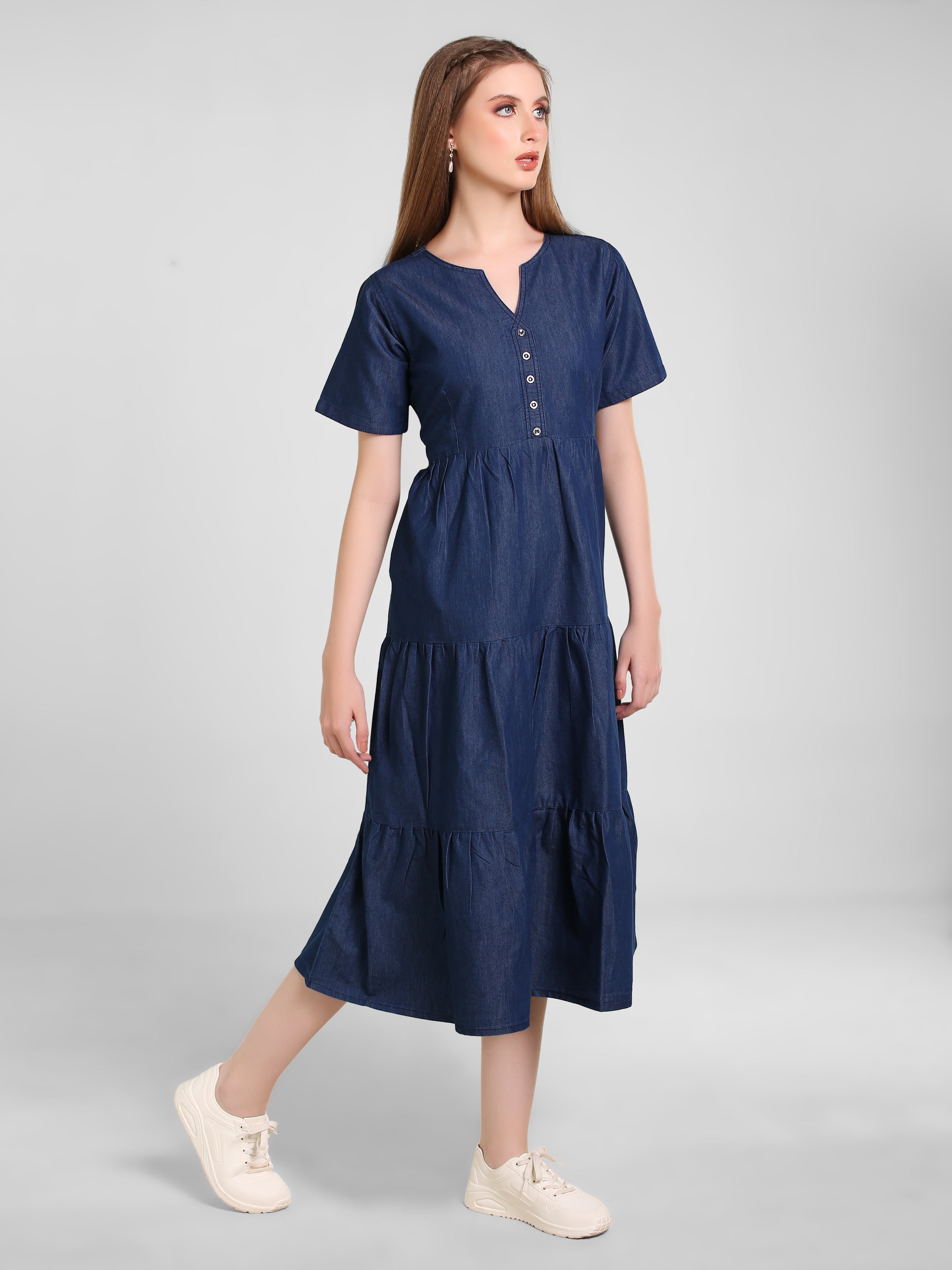 Denim Solid 3 Tier Flair Pintuck Dress