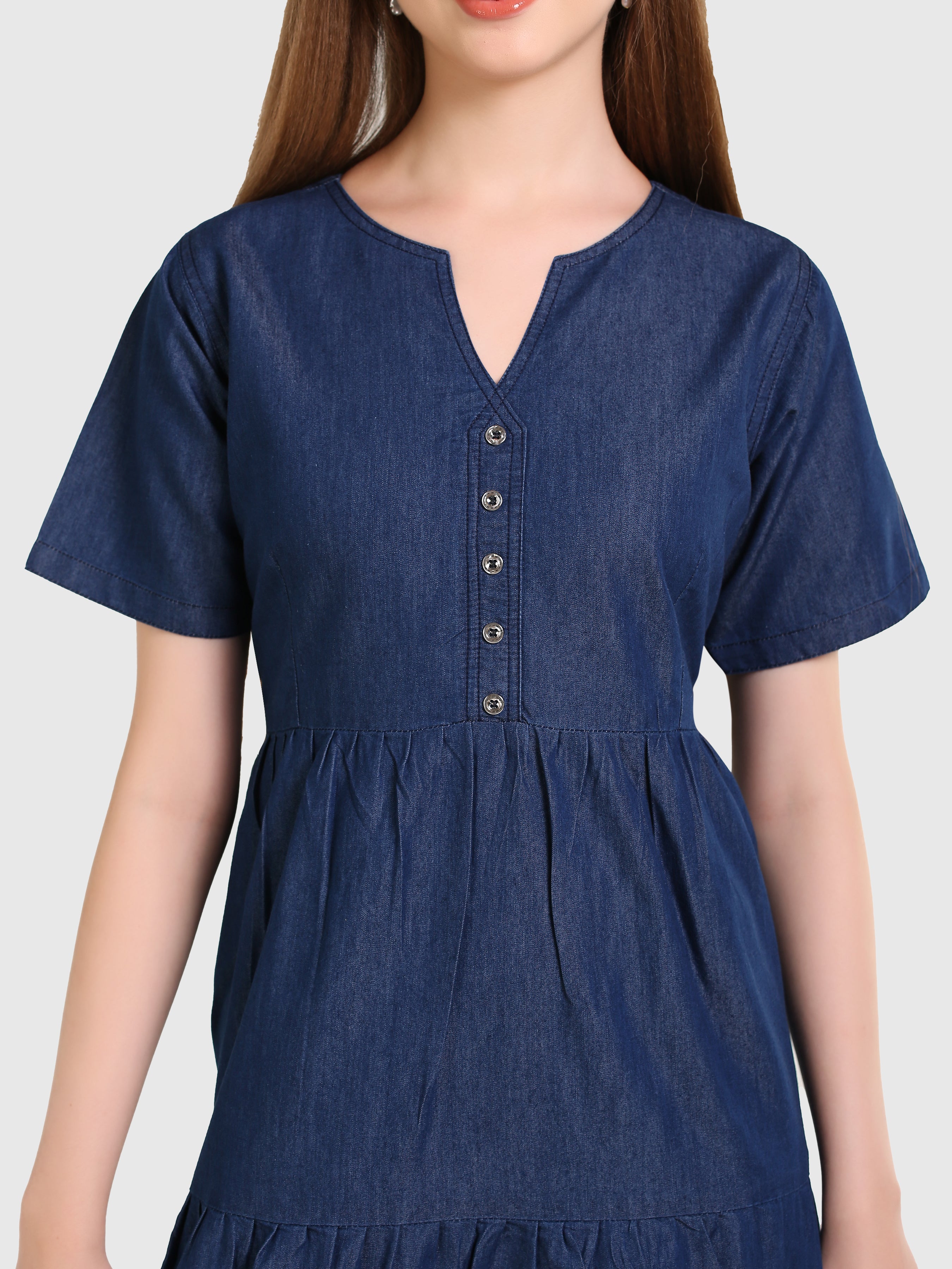 Denim Solid 3 Tier Flair Pintuck Dress
