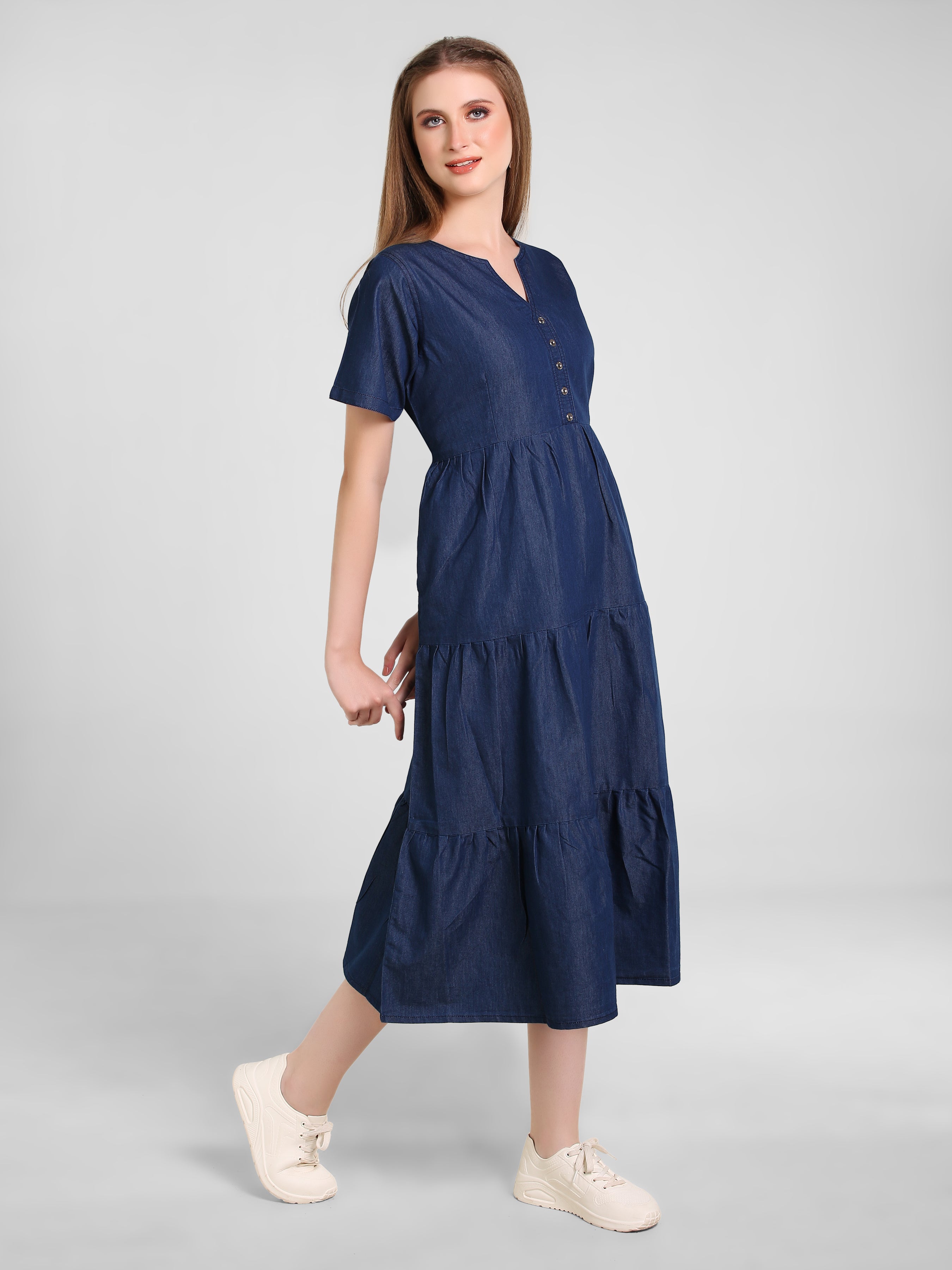 Denim Solid 3 Tier Flair Pintuck Dress