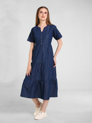 Denim Solid 3 Tier Flair Pintuck Dress