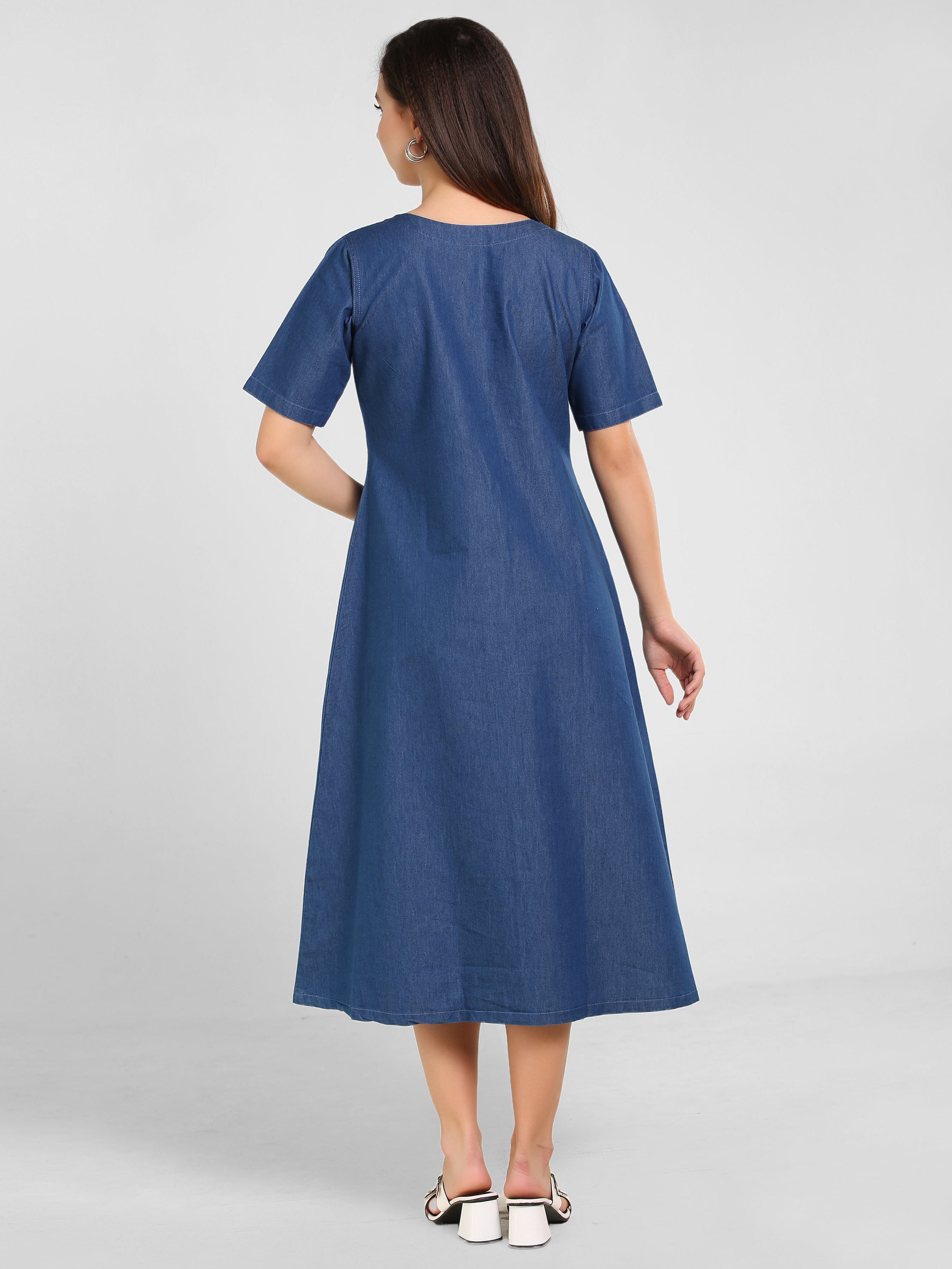 Denim Solid Half Sleeve V Neck Dress