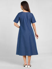 Denim Solid Half Sleeve V Neck Dress