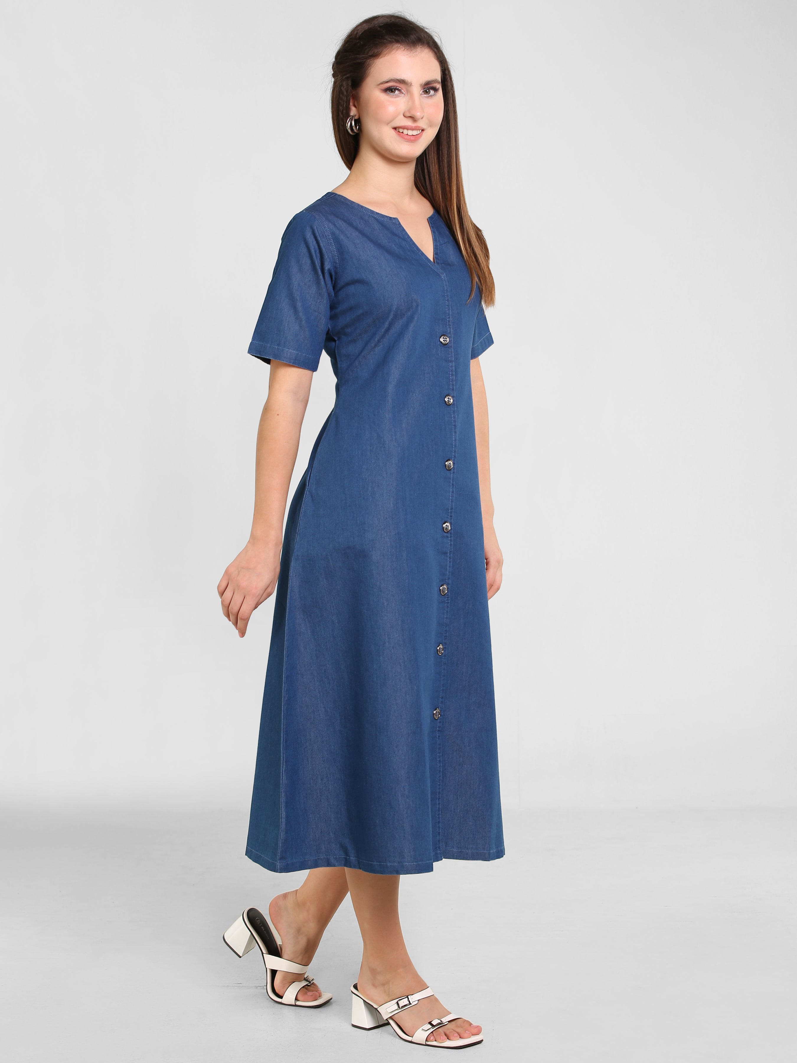 Denim Solid Half Sleeve V Neck Dress