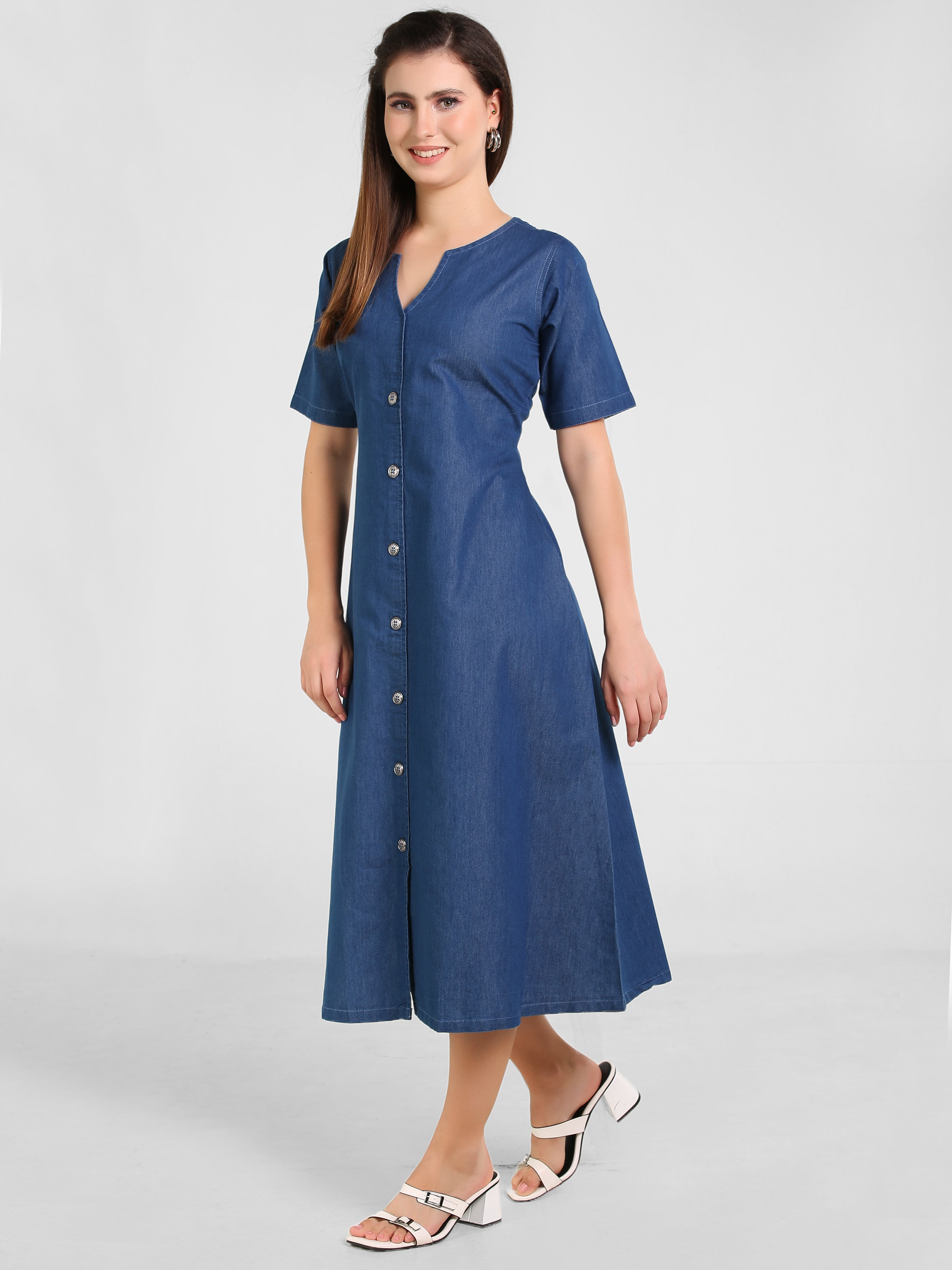 Denim Solid Half Sleeve V Neck Dress