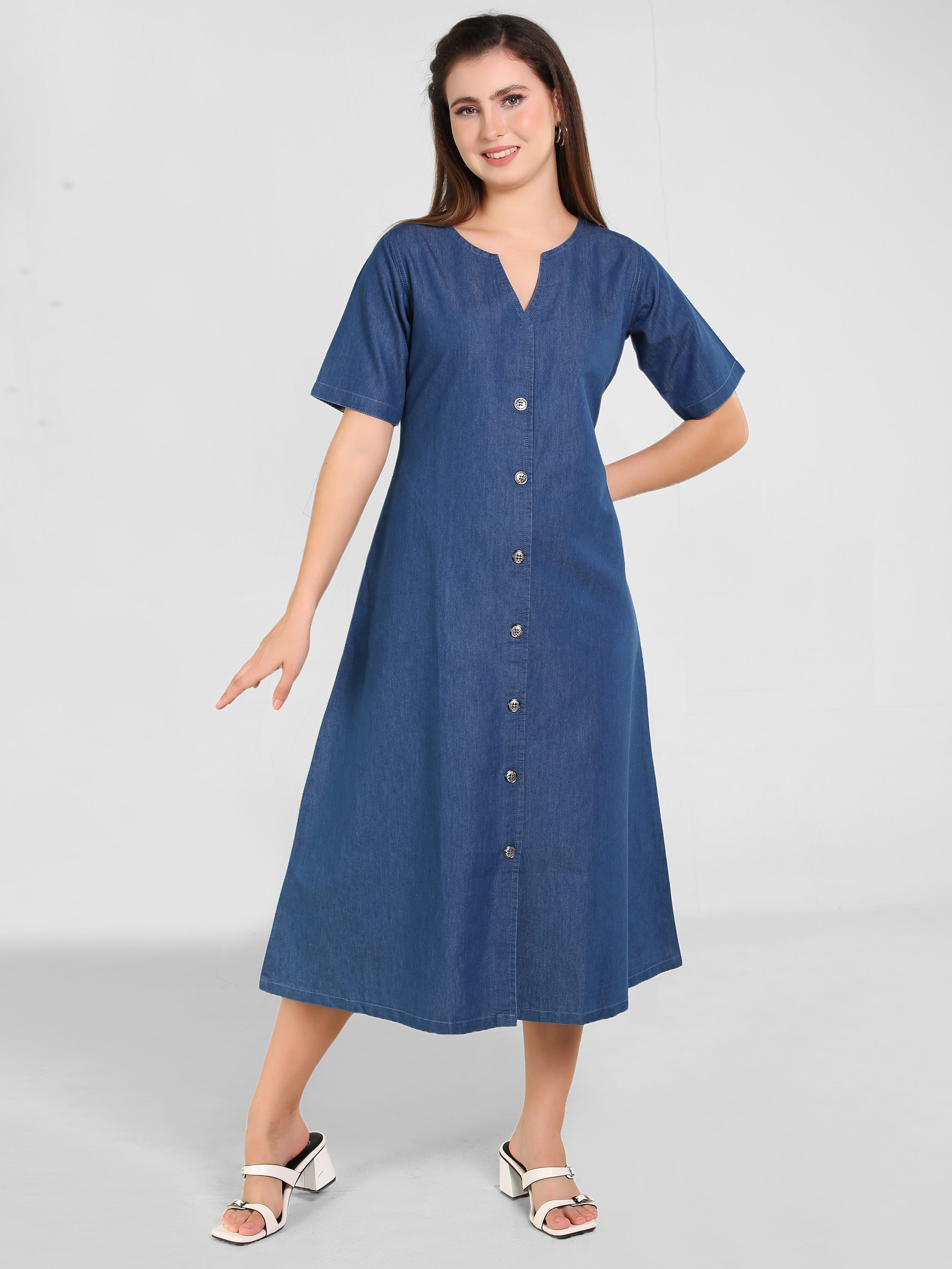 Denim Solid Half Sleeve V Neck Dress