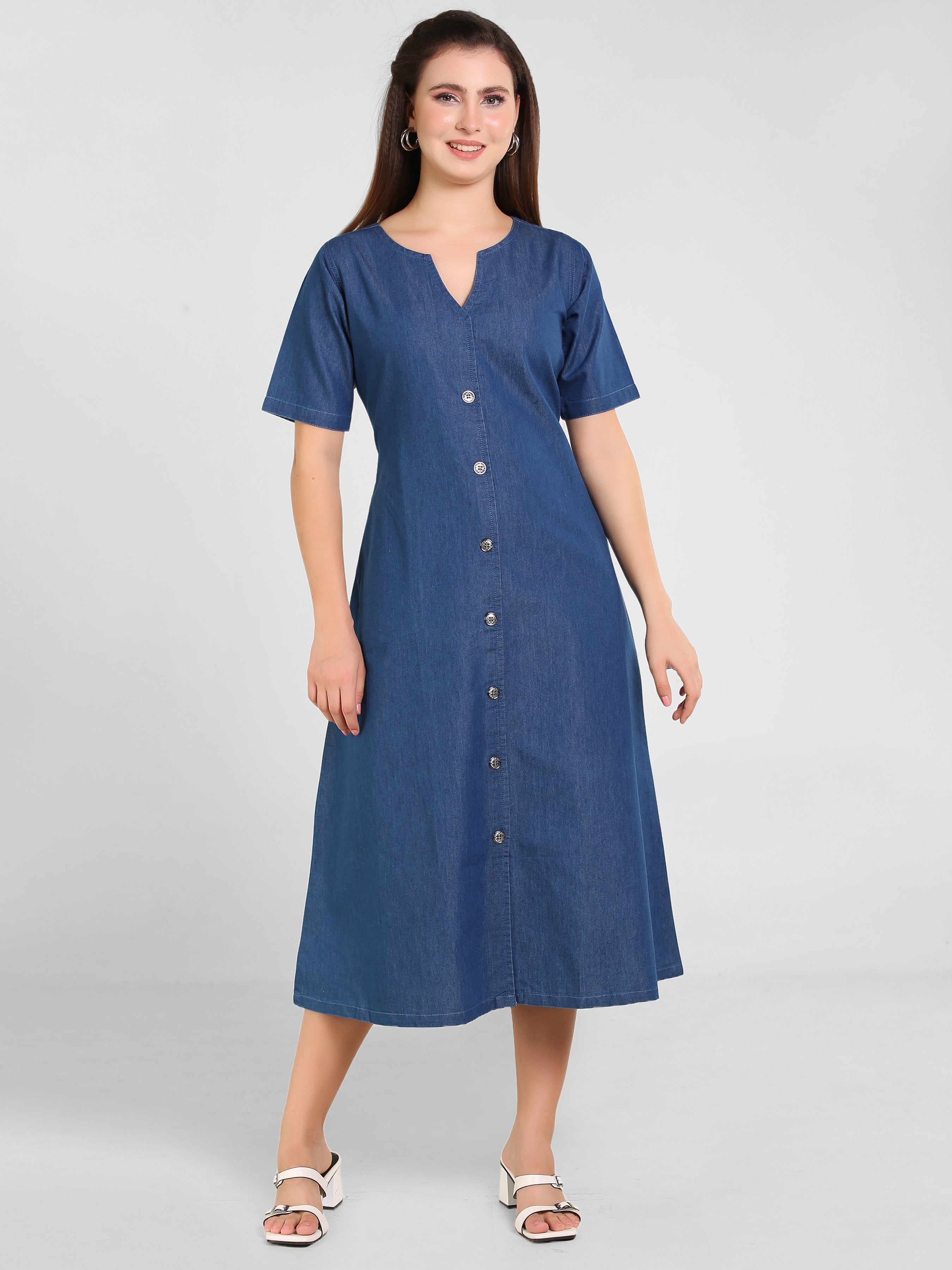 Denim Solid Half Sleeve V Neck Dress