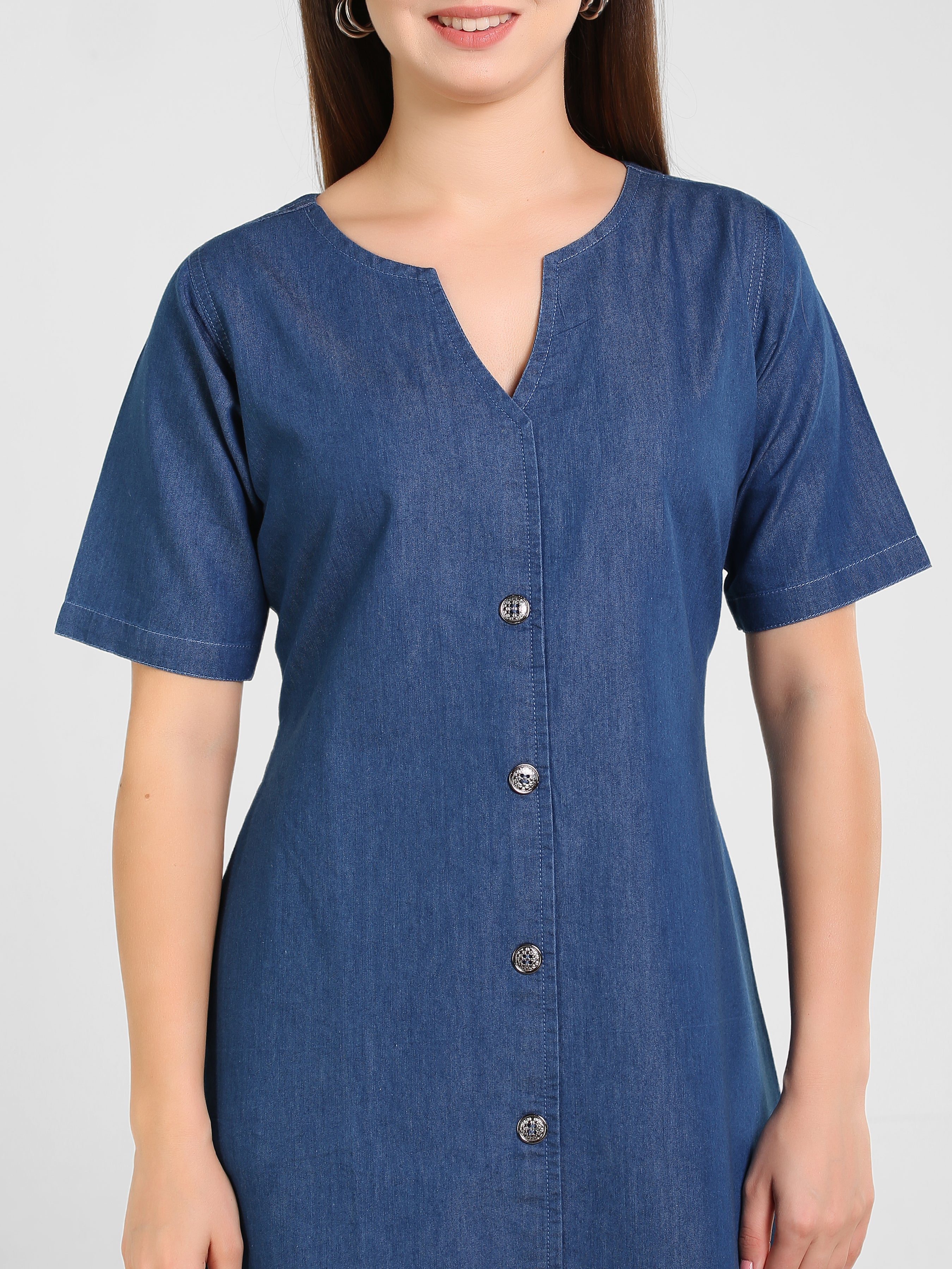 Denim Solid Half Sleeve V Neck Dress