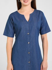 Denim Solid Half Sleeve V Neck Dress