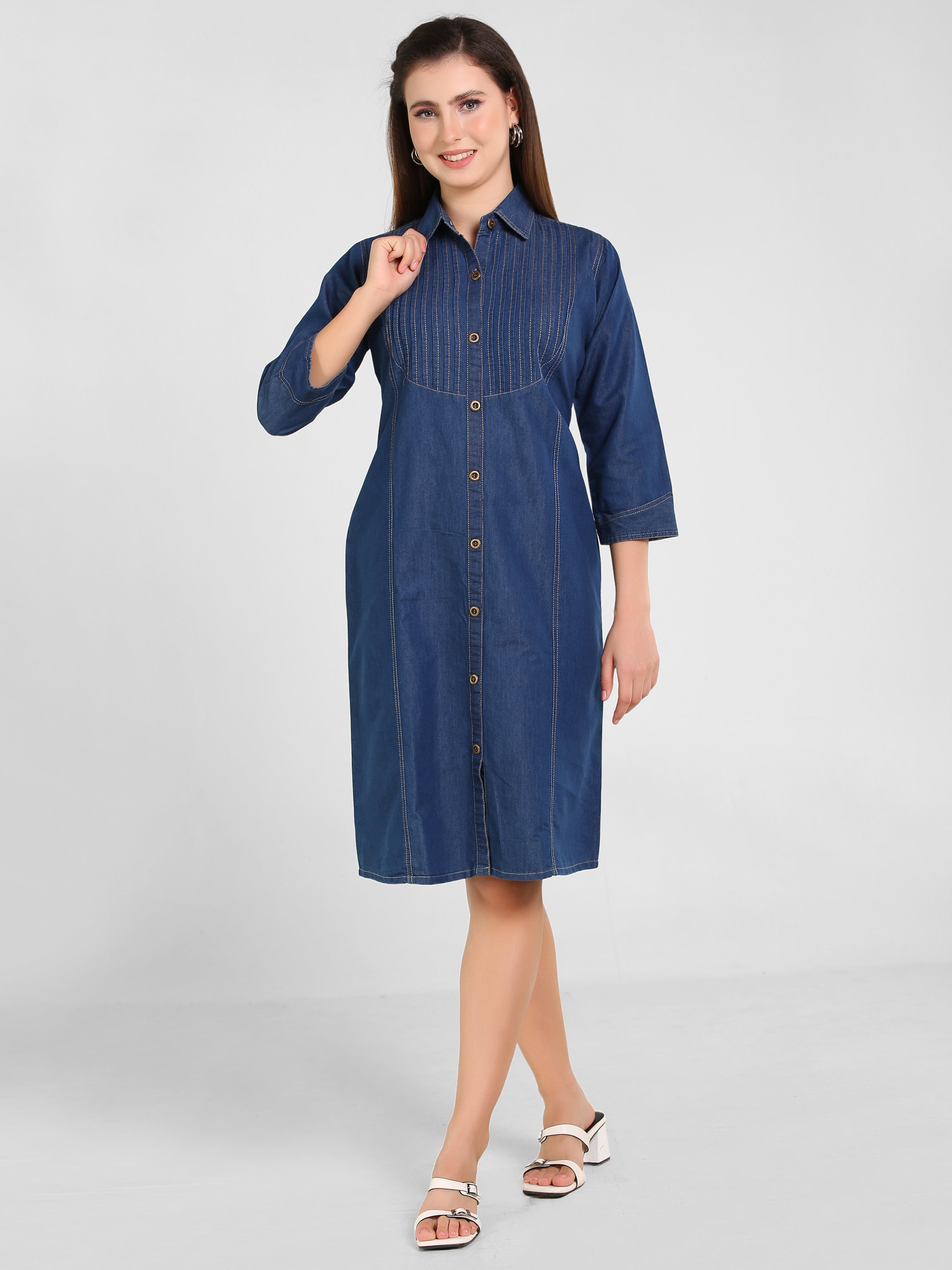 Denim Pintux Fawn stiches Shirt Collar Dress