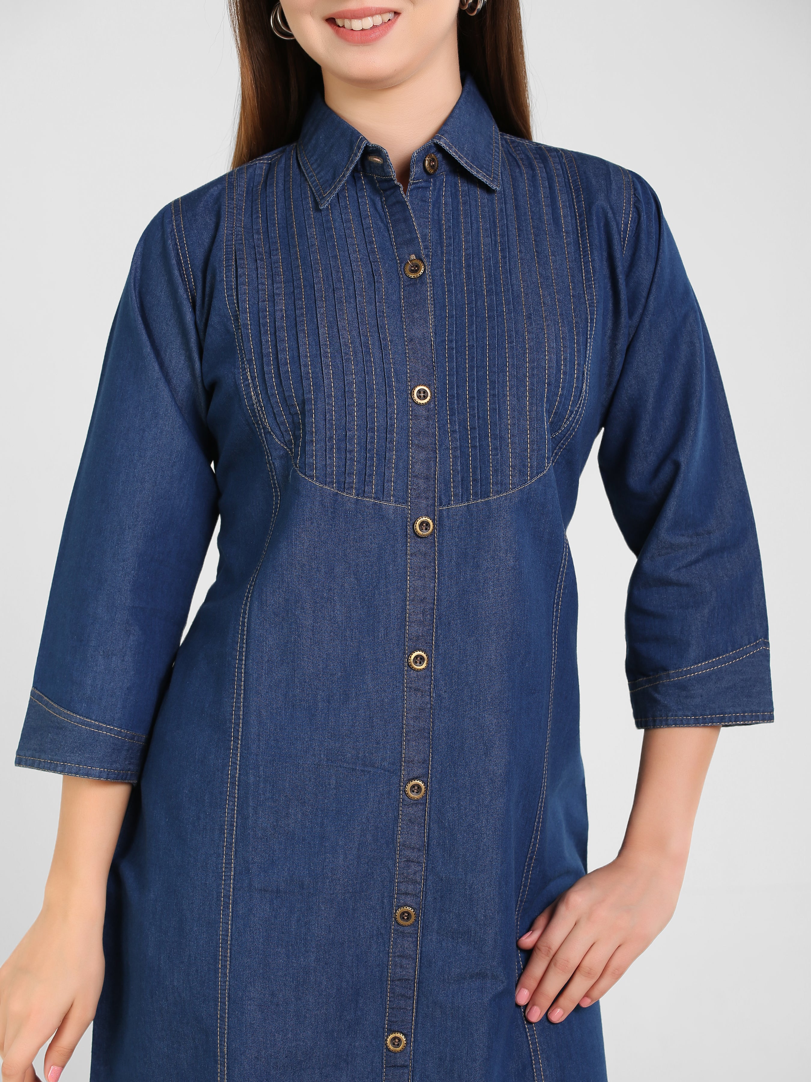 Denim Pintux Fawn stiches Shirt Collar Dress