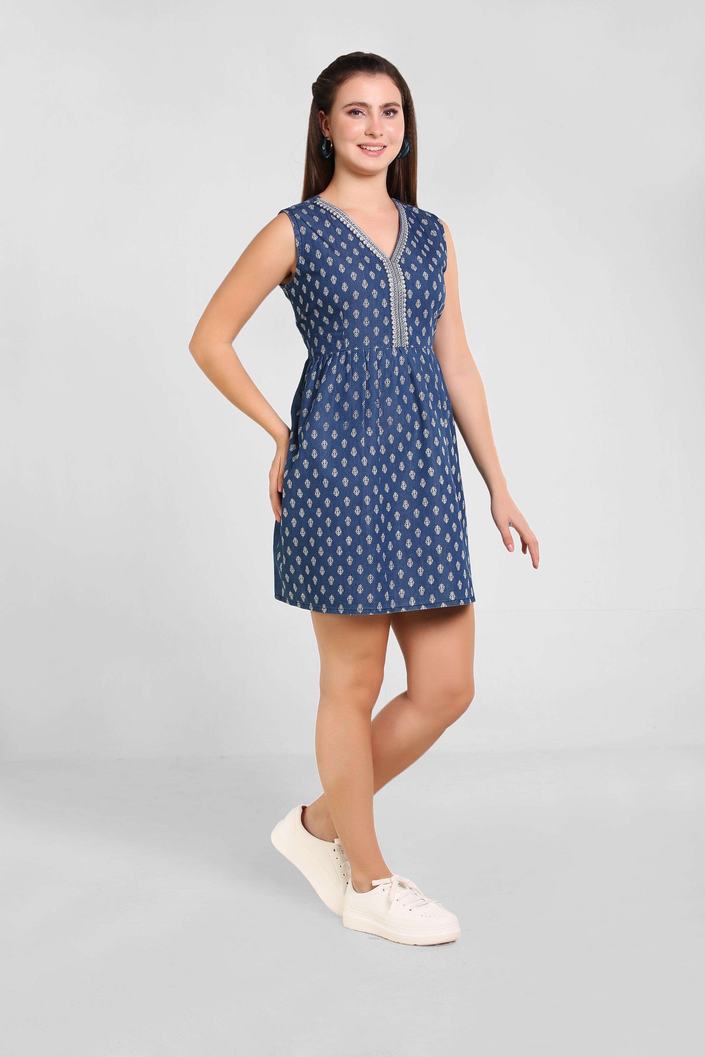 Denim Printed Seq Embroidered Kurta Patti frock Style SL above knee Dress