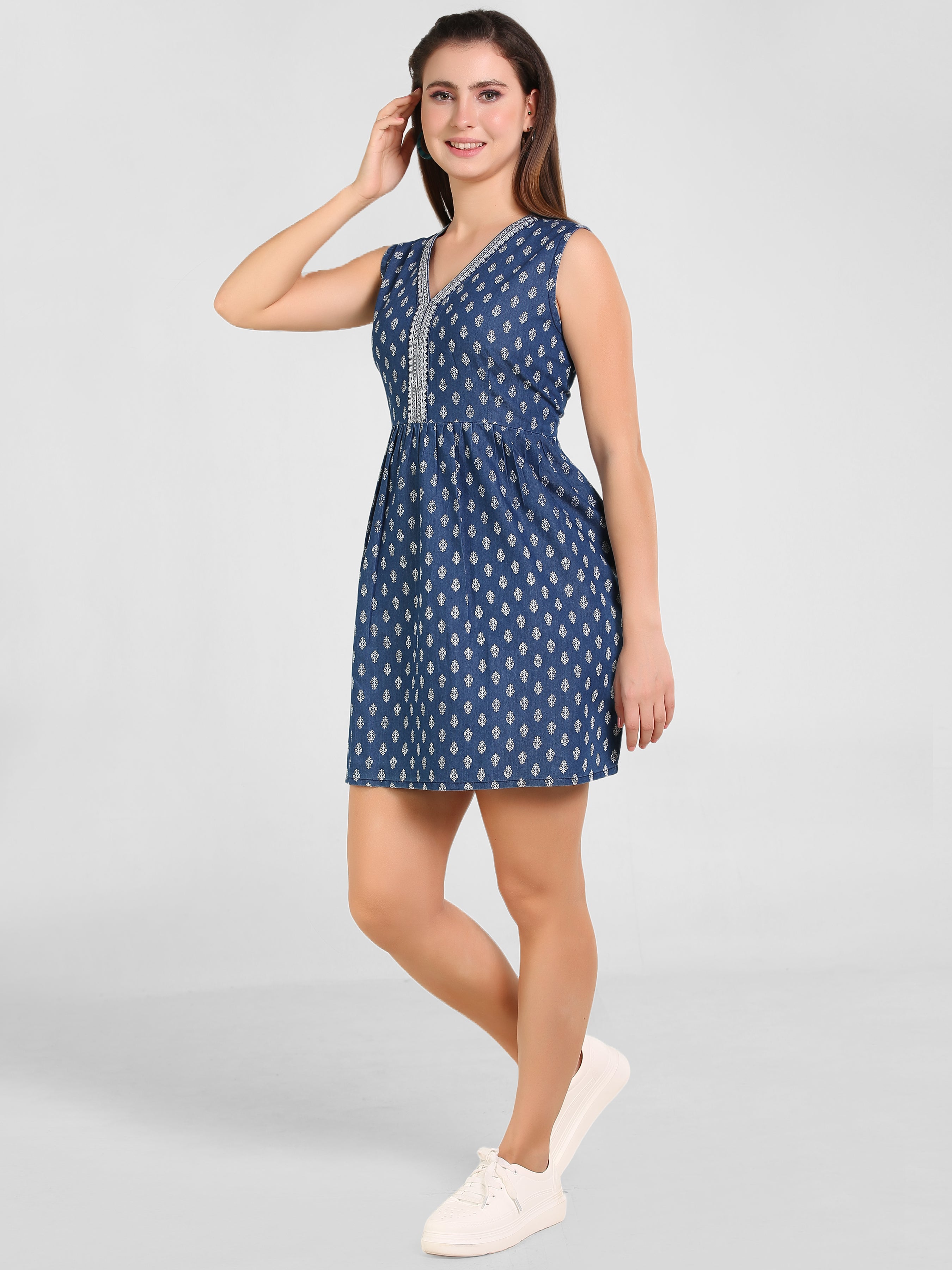 Denim Printed Seq Embroidered Kurta Patti frock Style SL above knee Dress