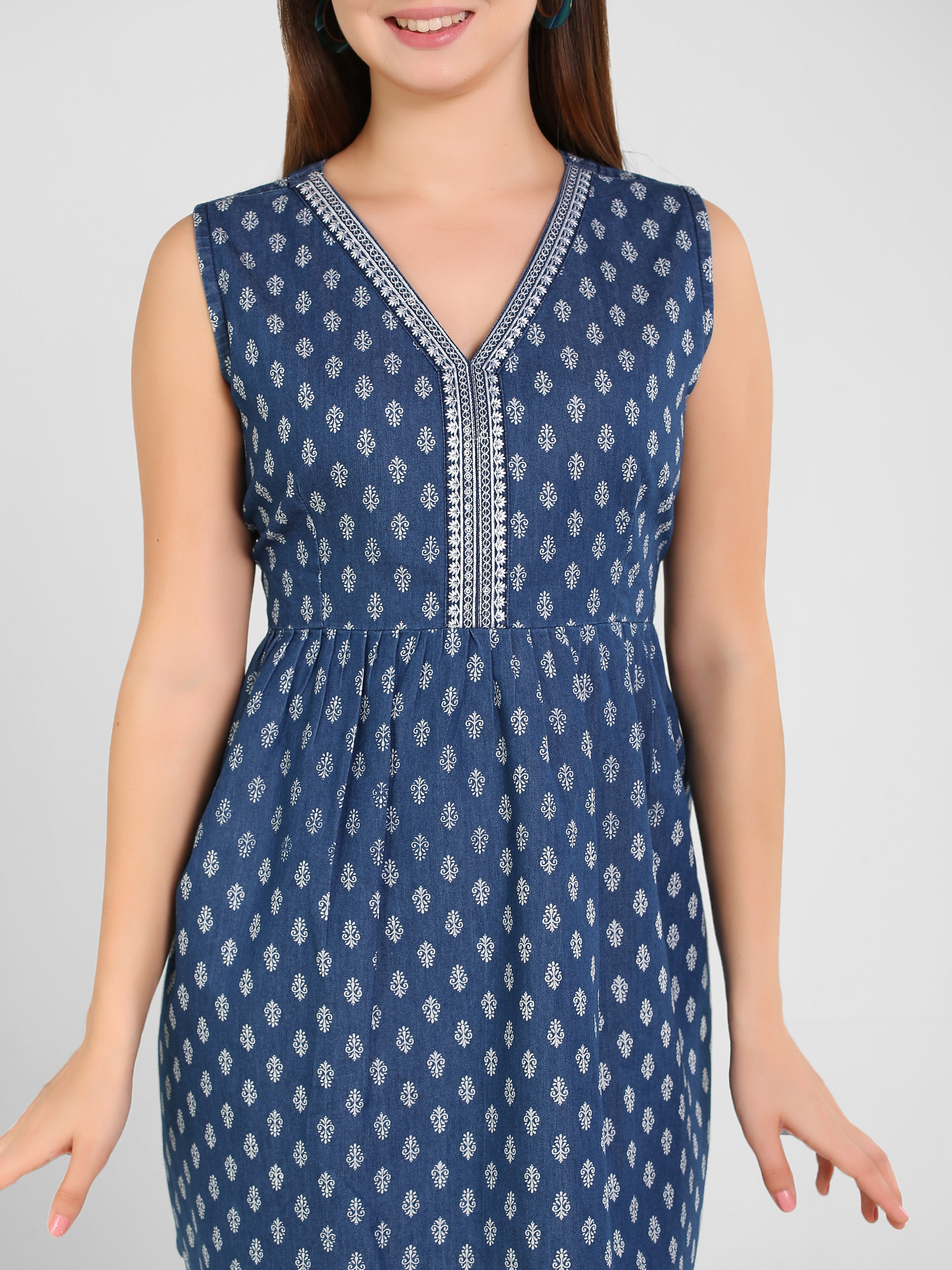 Denim Printed Seq Embroidered Kurta Patti frock Style SL above knee Dress