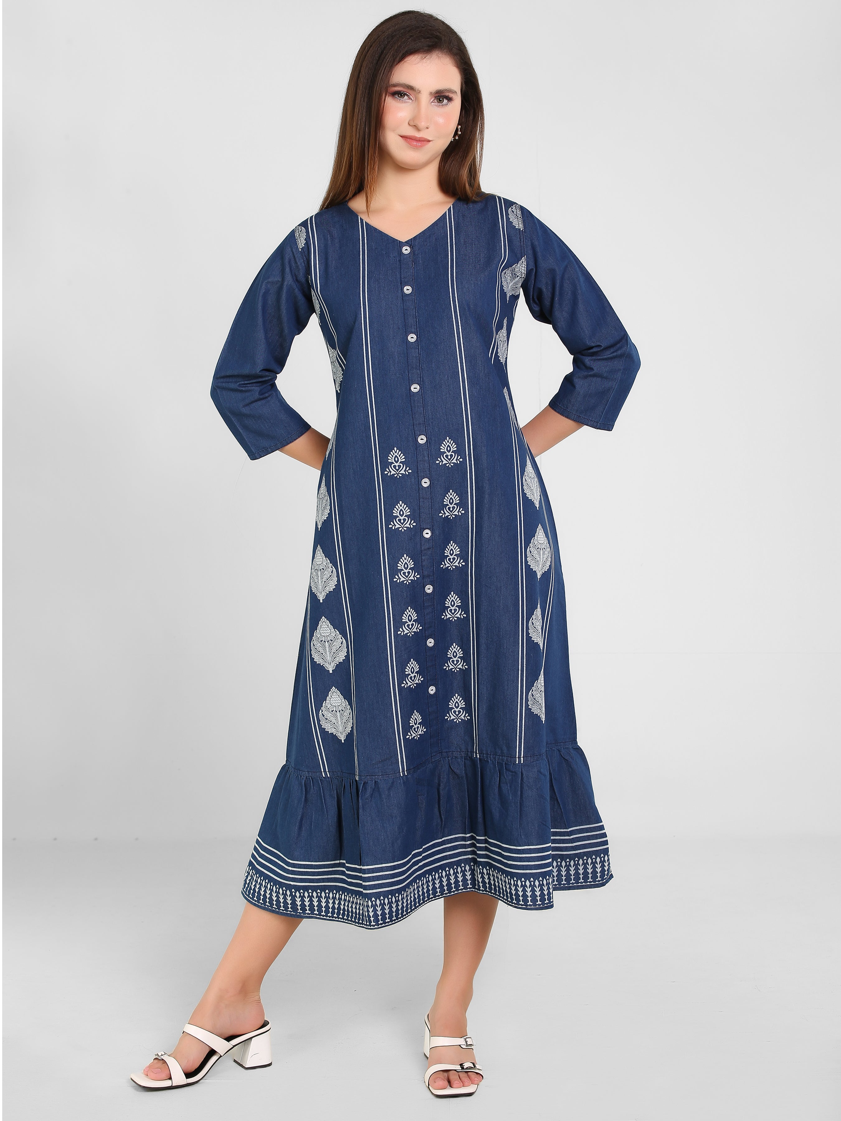 Denim A Line Printed W Flair Dress