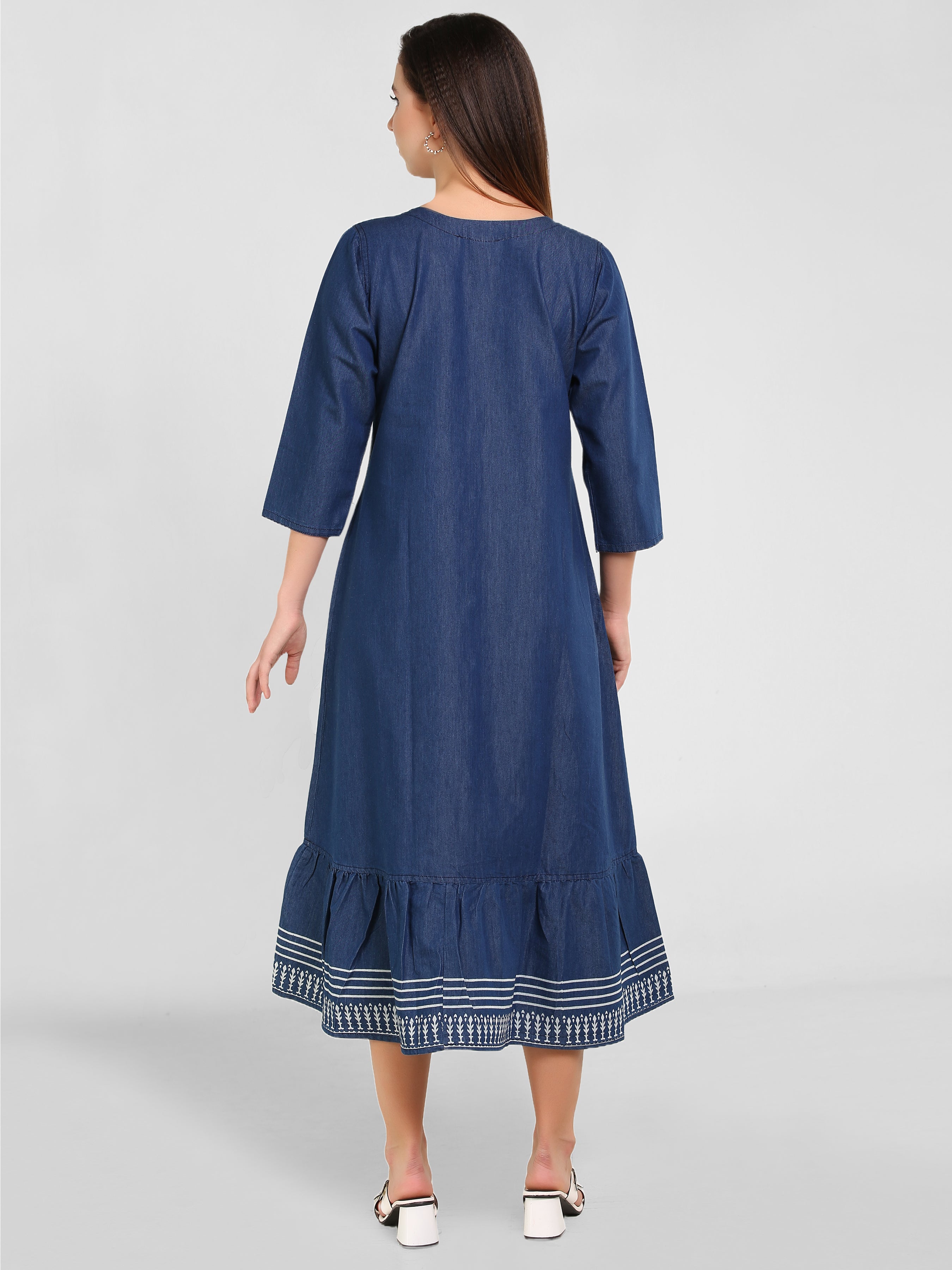 Denim A Line Printed W Flair Dress