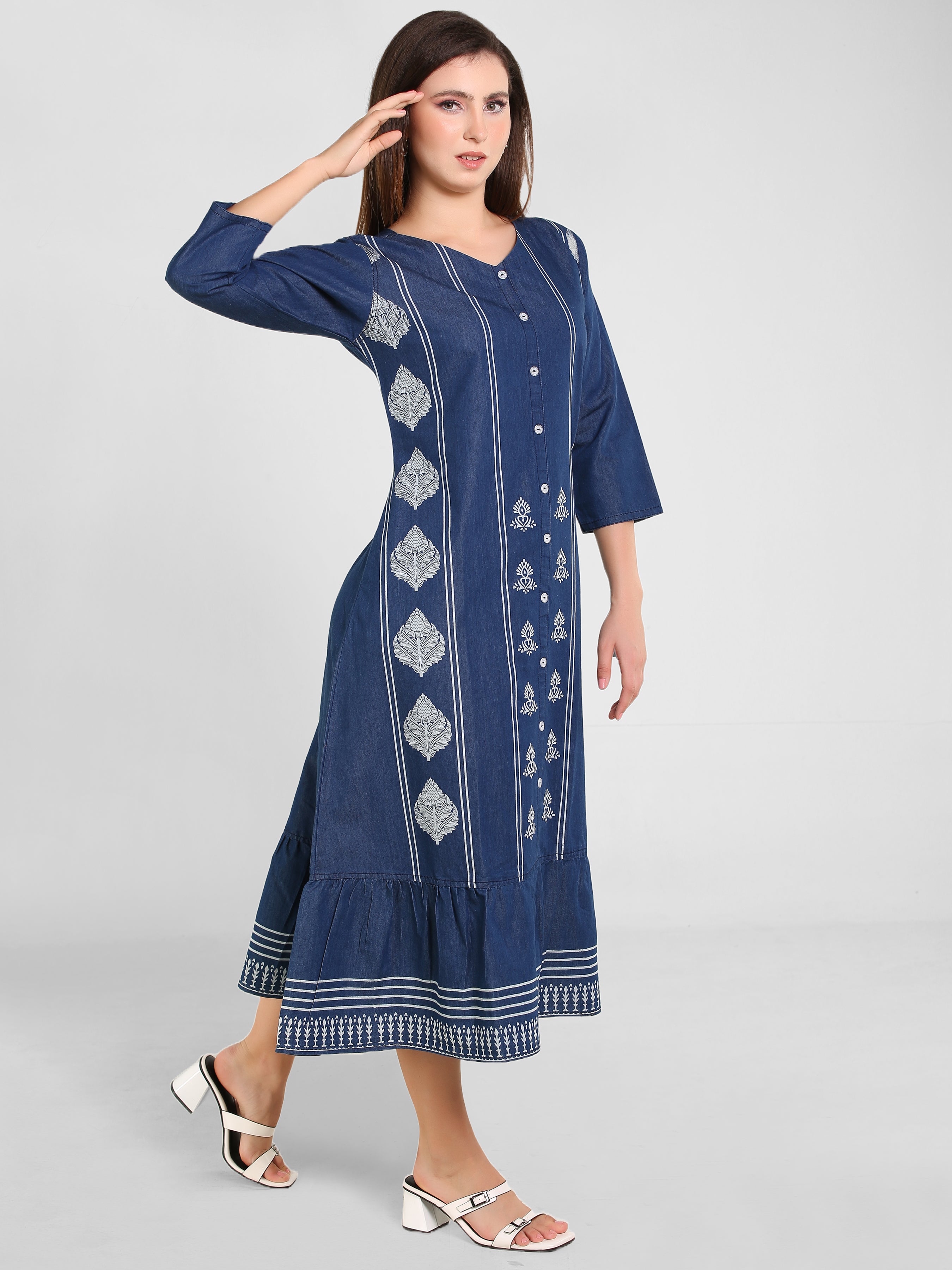 Denim A Line Printed W Flair Dress