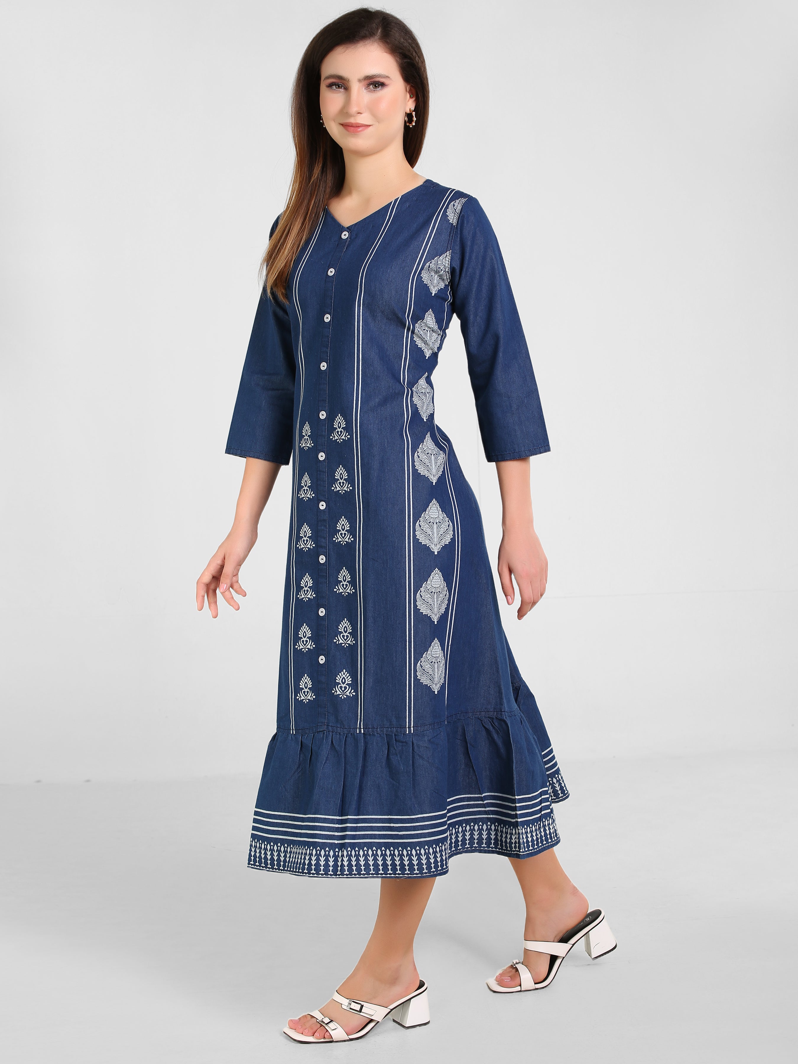 Denim A Line Printed W Flair Dress