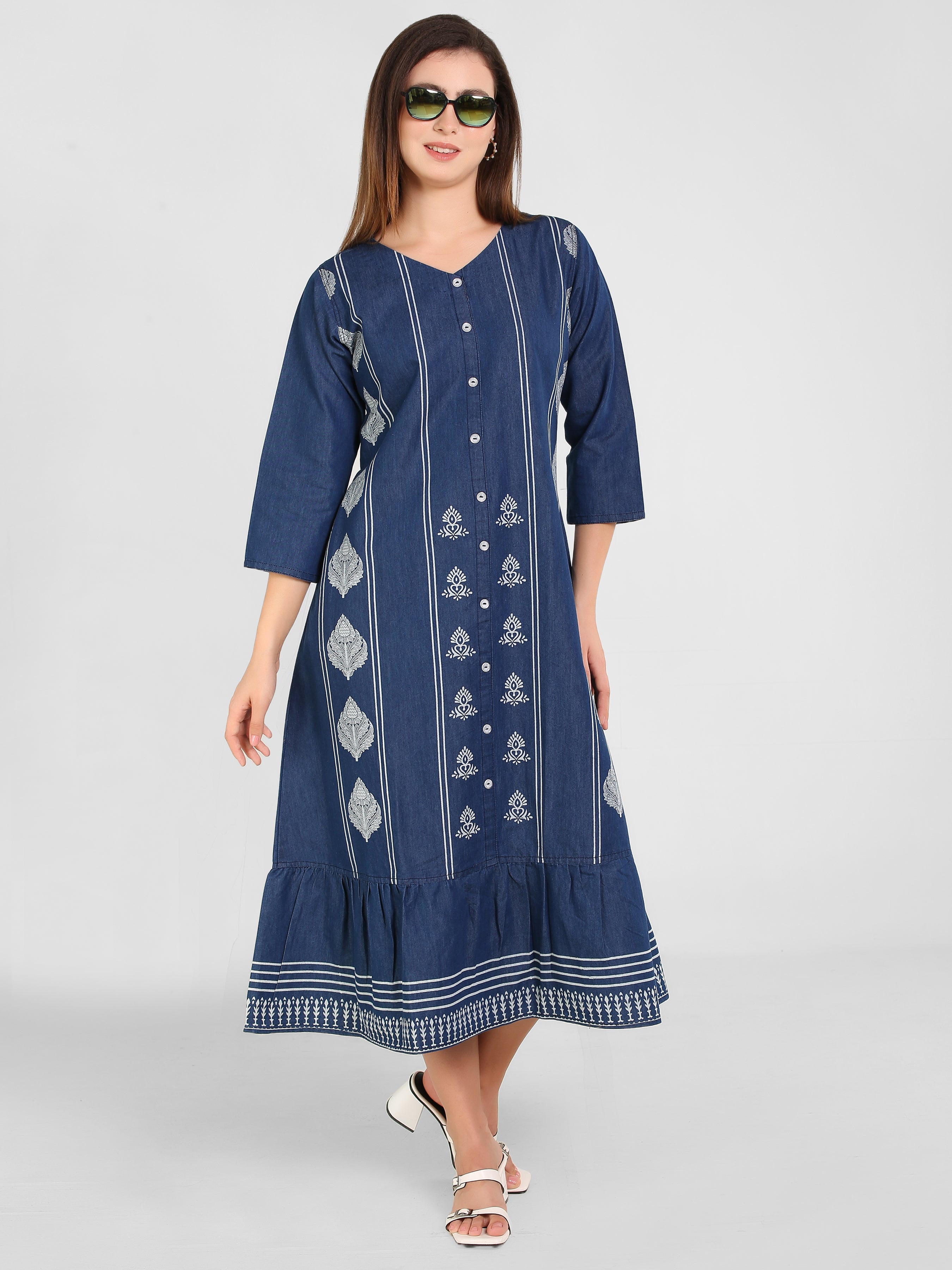 Denim A Line Printed W Flair Dress
