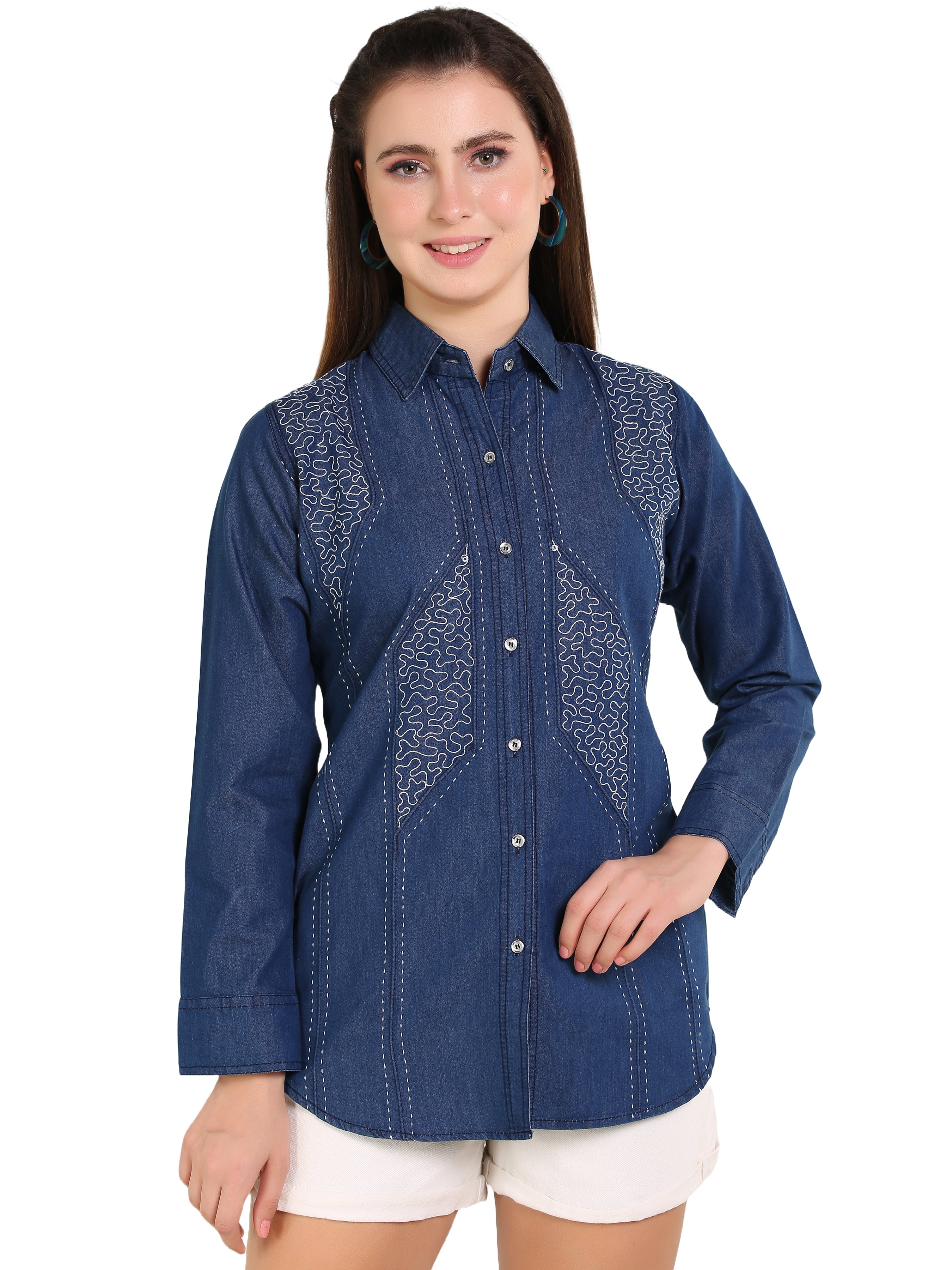 Denim Kantha Stch Embroidered Shirt