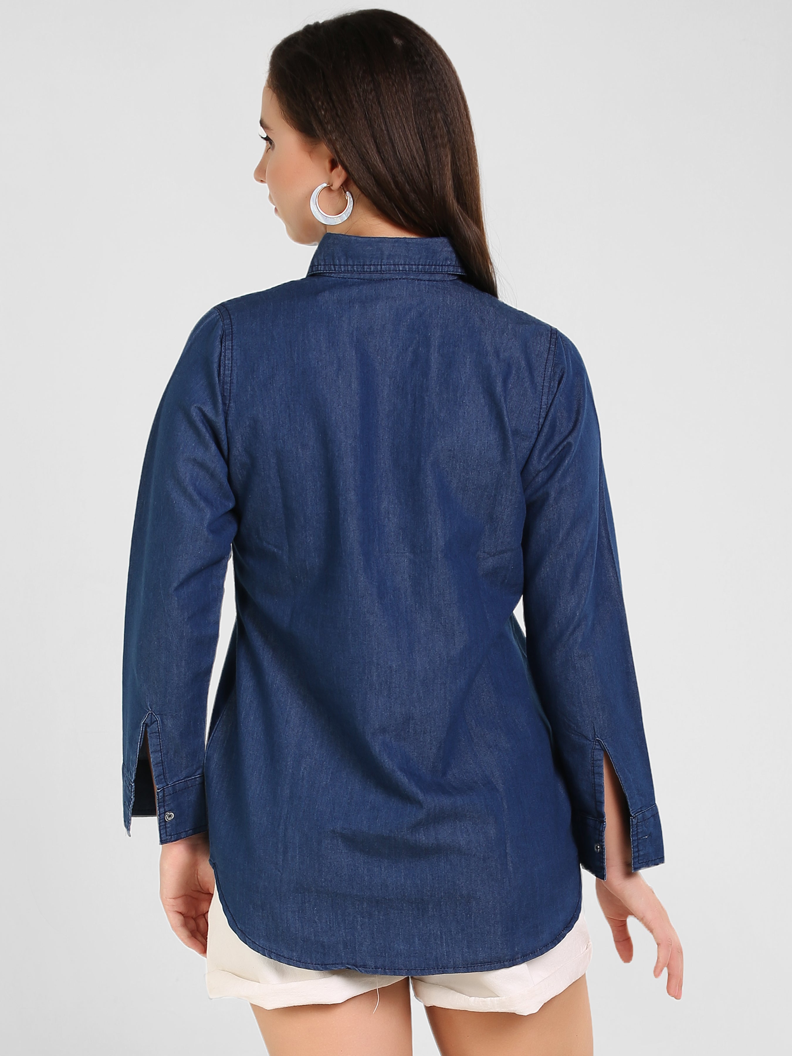 Denim Kantha Stch Embroidered Shirt