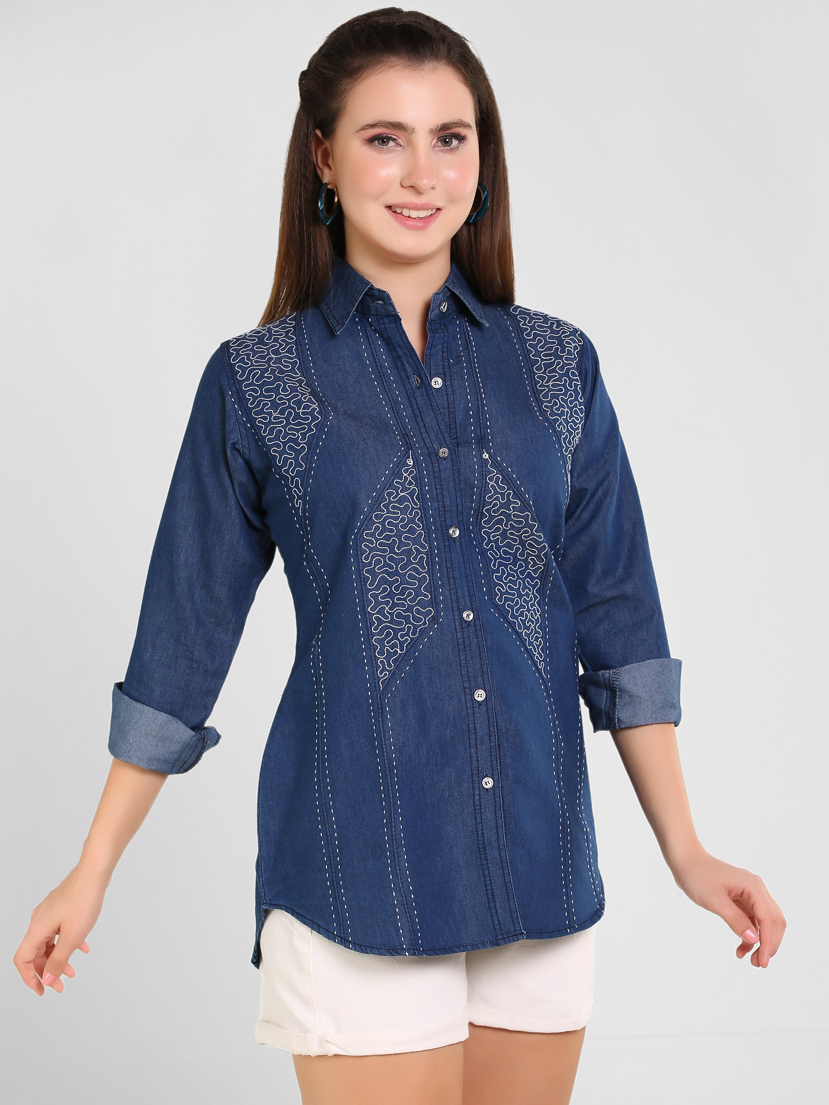 Denim Kantha Stch Embroidered Shirt