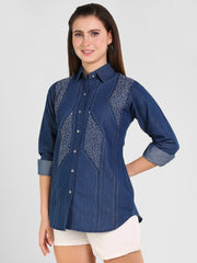 Denim Kantha Stch Embroidered Shirt