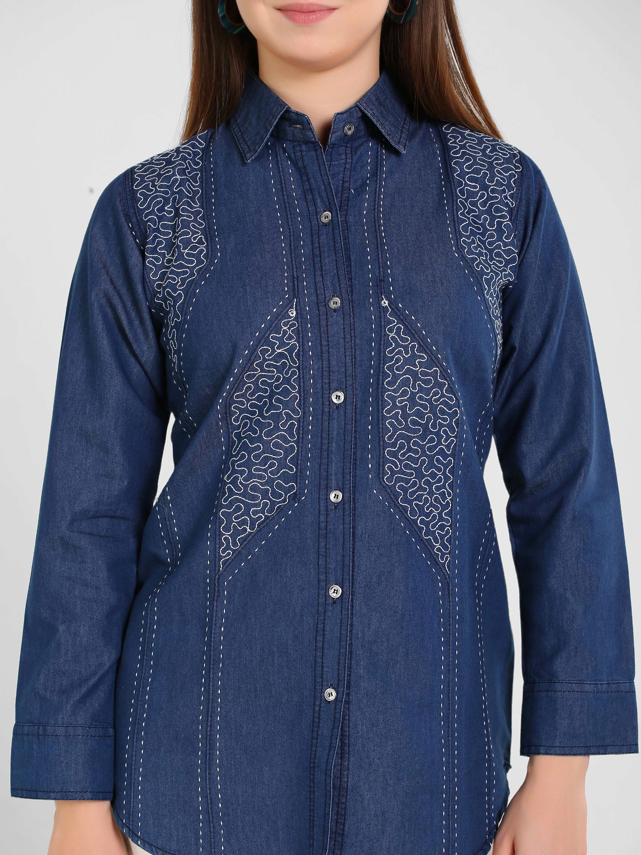 Denim Kantha Stch Embroidered Shirt