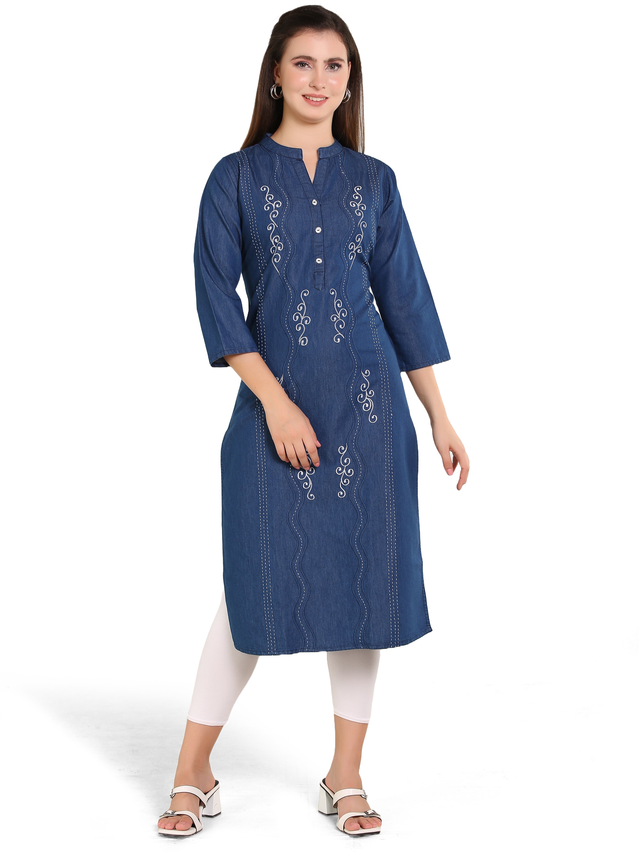 Denim Embroidered Dori Kantha Work Mandarine Collar Kurta