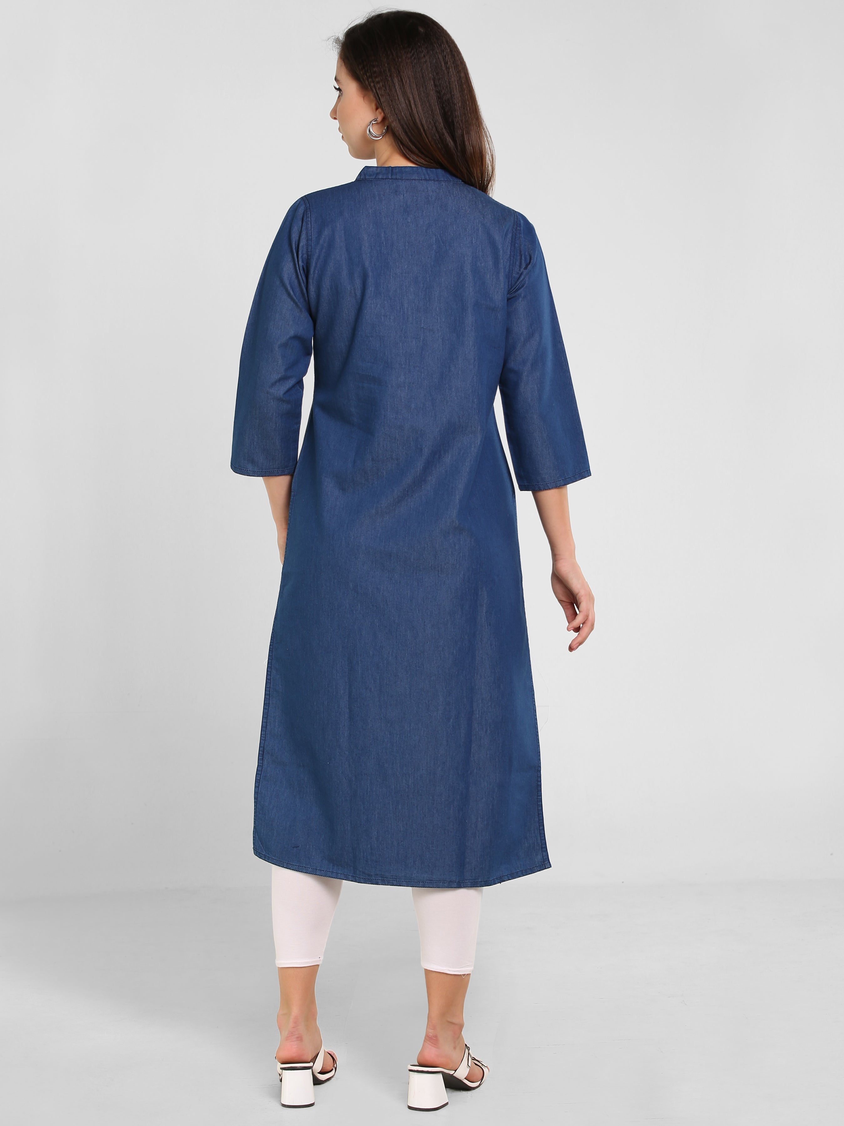 Denim Embroidered Dori Kantha Work Mandarine Collar Kurta