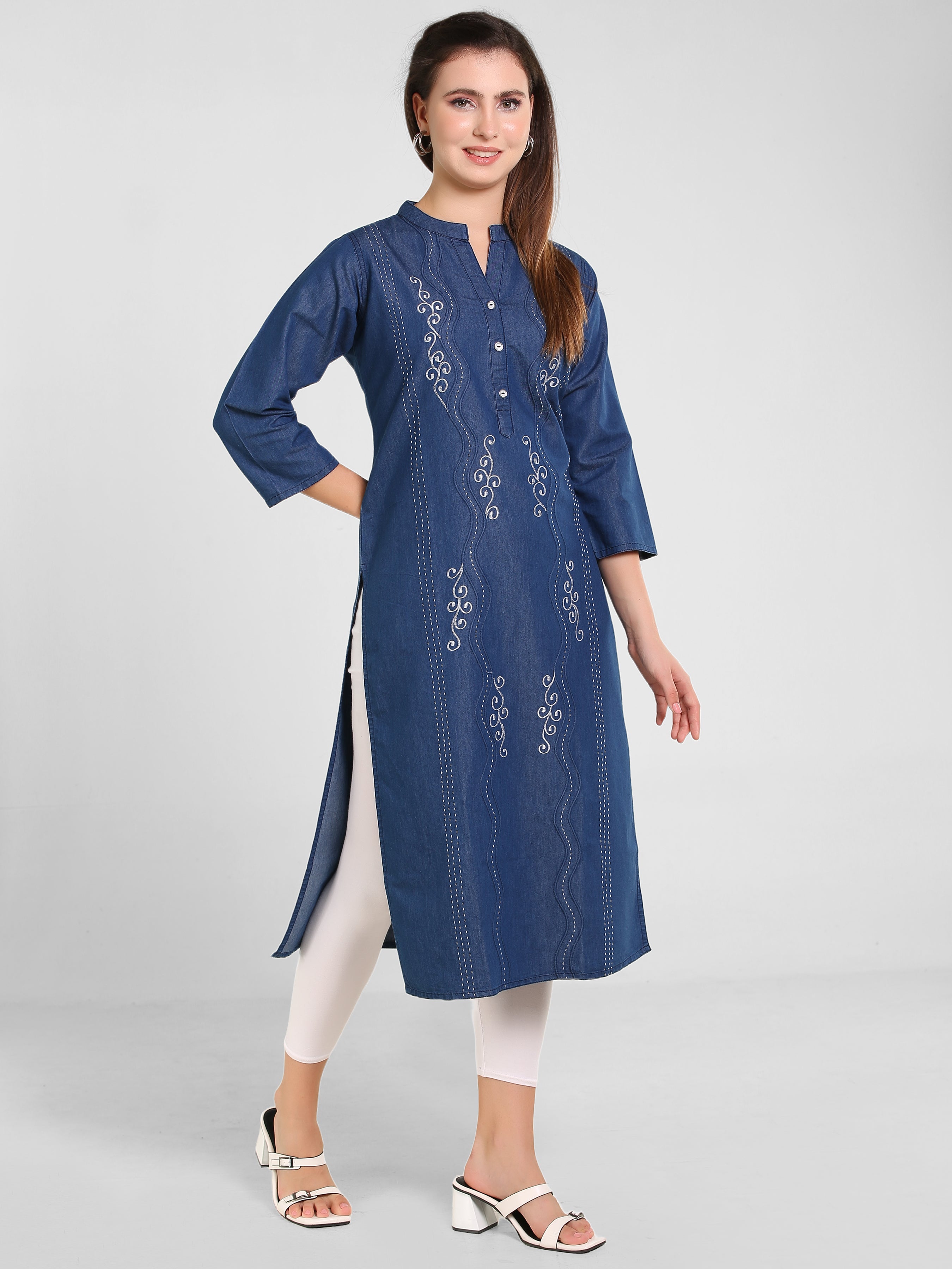 Denim Embroidered Dori Kantha Work Mandarine Collar Kurta