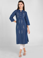 Denim Embroidered Dori Kantha Work Mandarine Collar Kurta