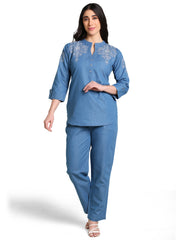Denim Butta Embroidred Mandarine Collar Co-ord Set