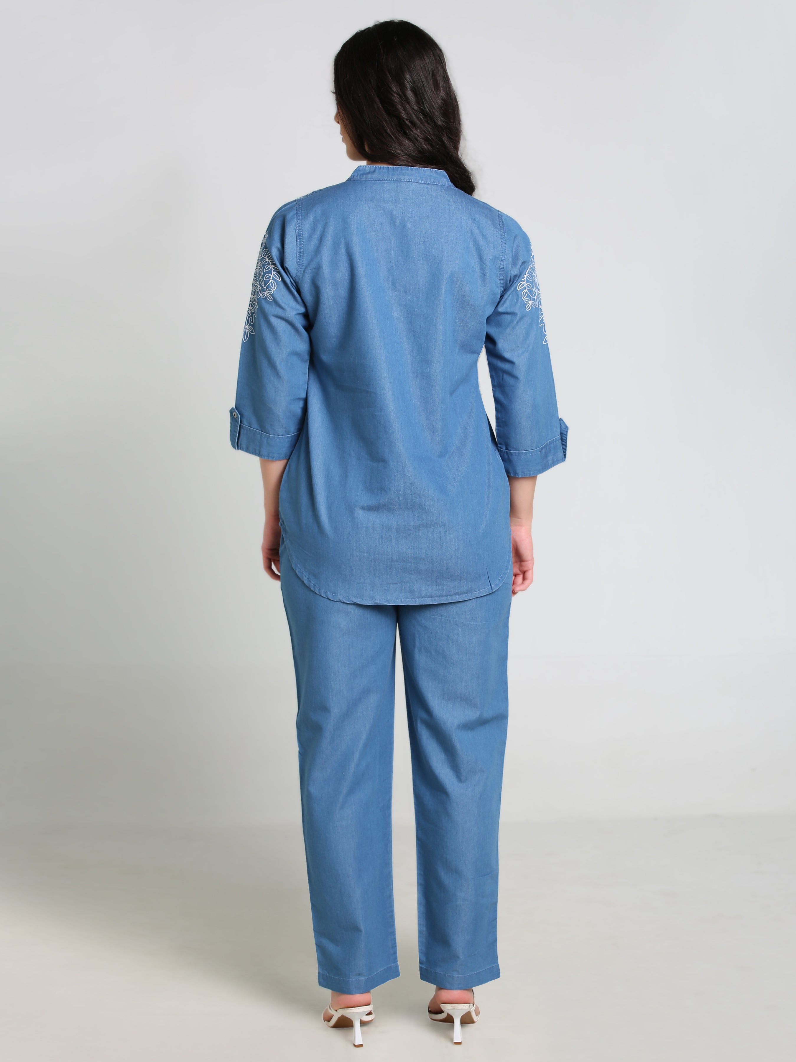 Denim Butta Embroidred Mandarine Collar Co-ord Set