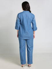 Denim Butta Embroidred Mandarine Collar Co-ord Set