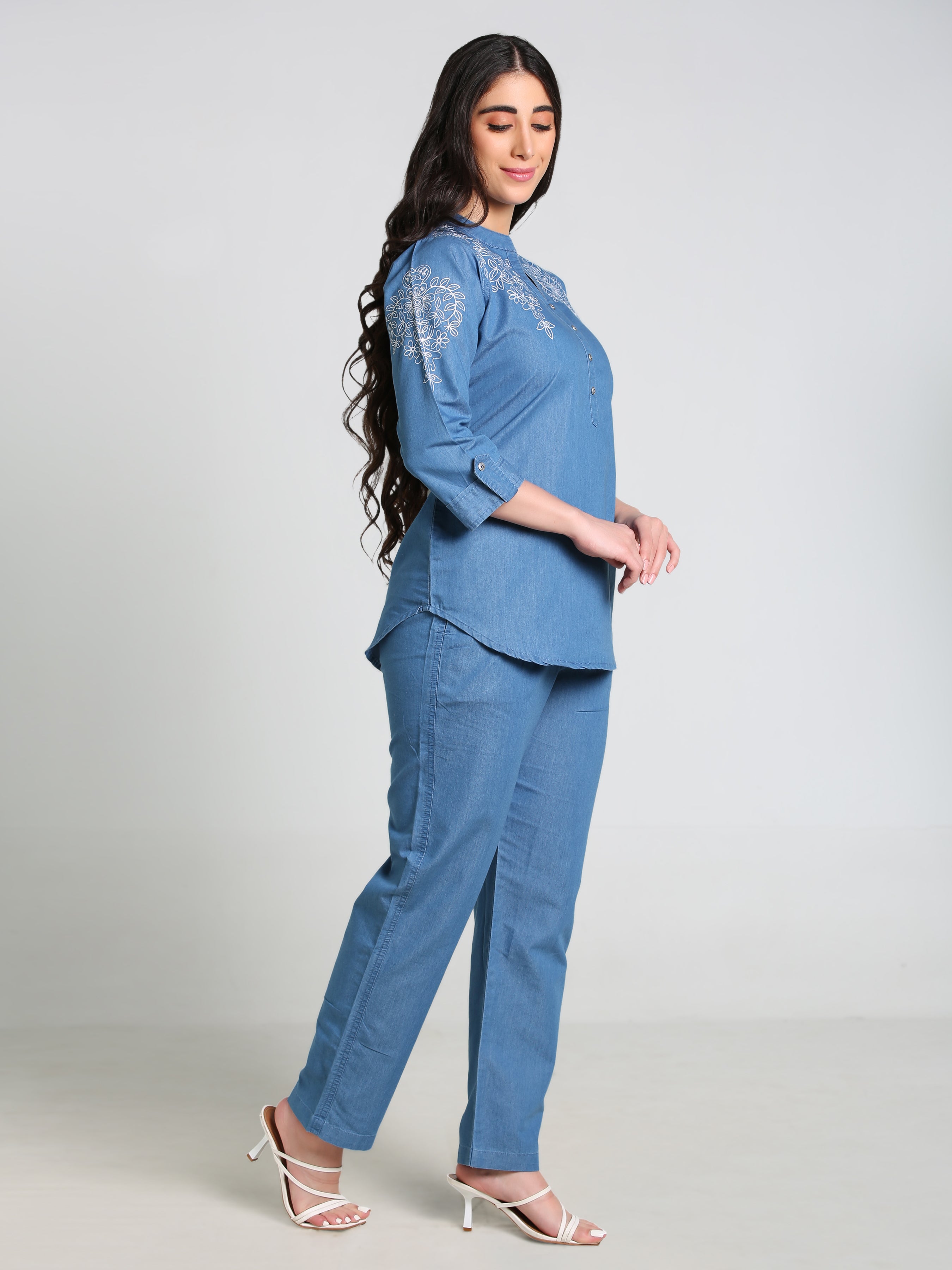 Denim Butta Embroidred Mandarine Collar Co-ord Set