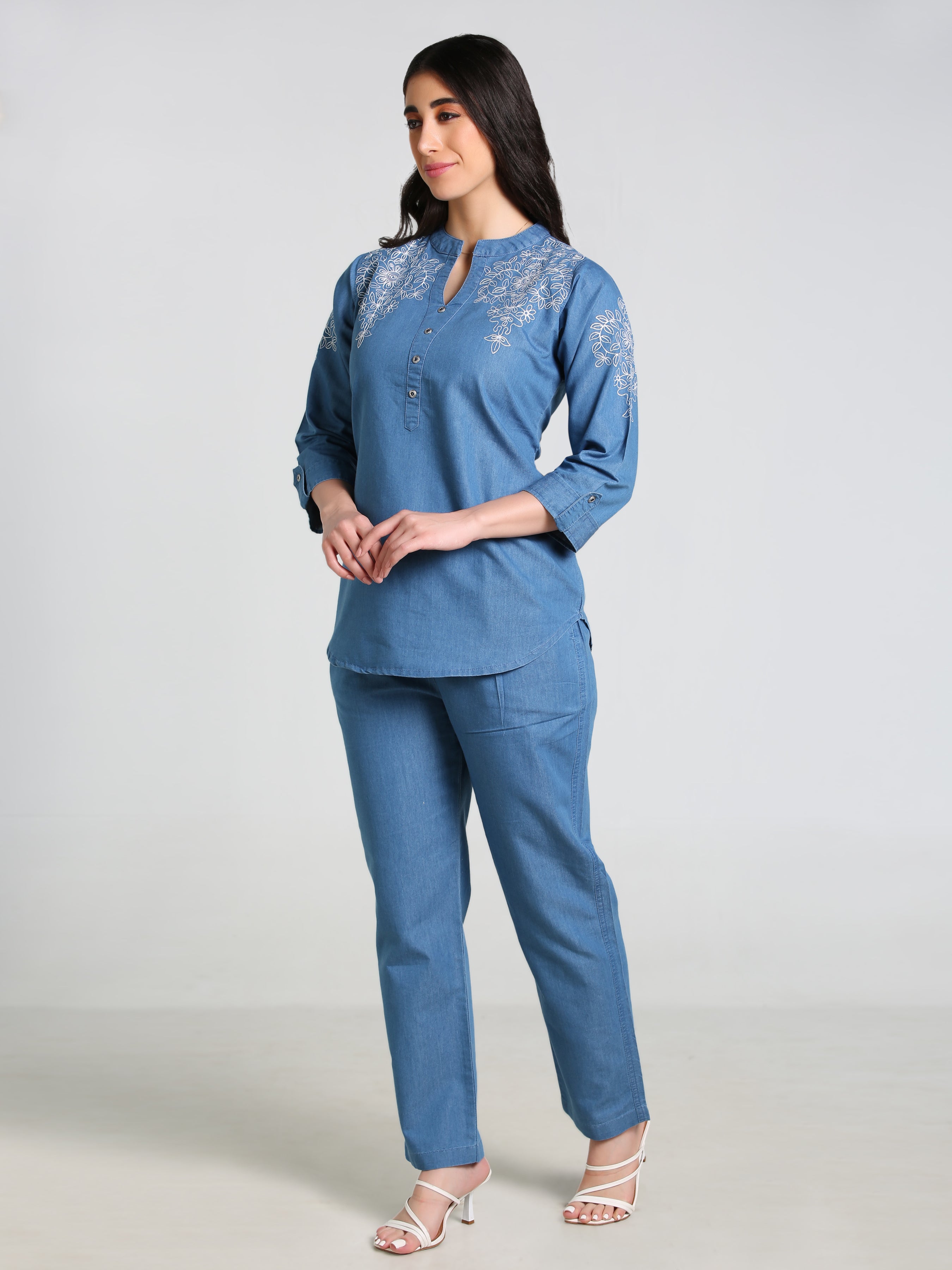 Denim Butta Embroidred Mandarine Collar Co-ord Set